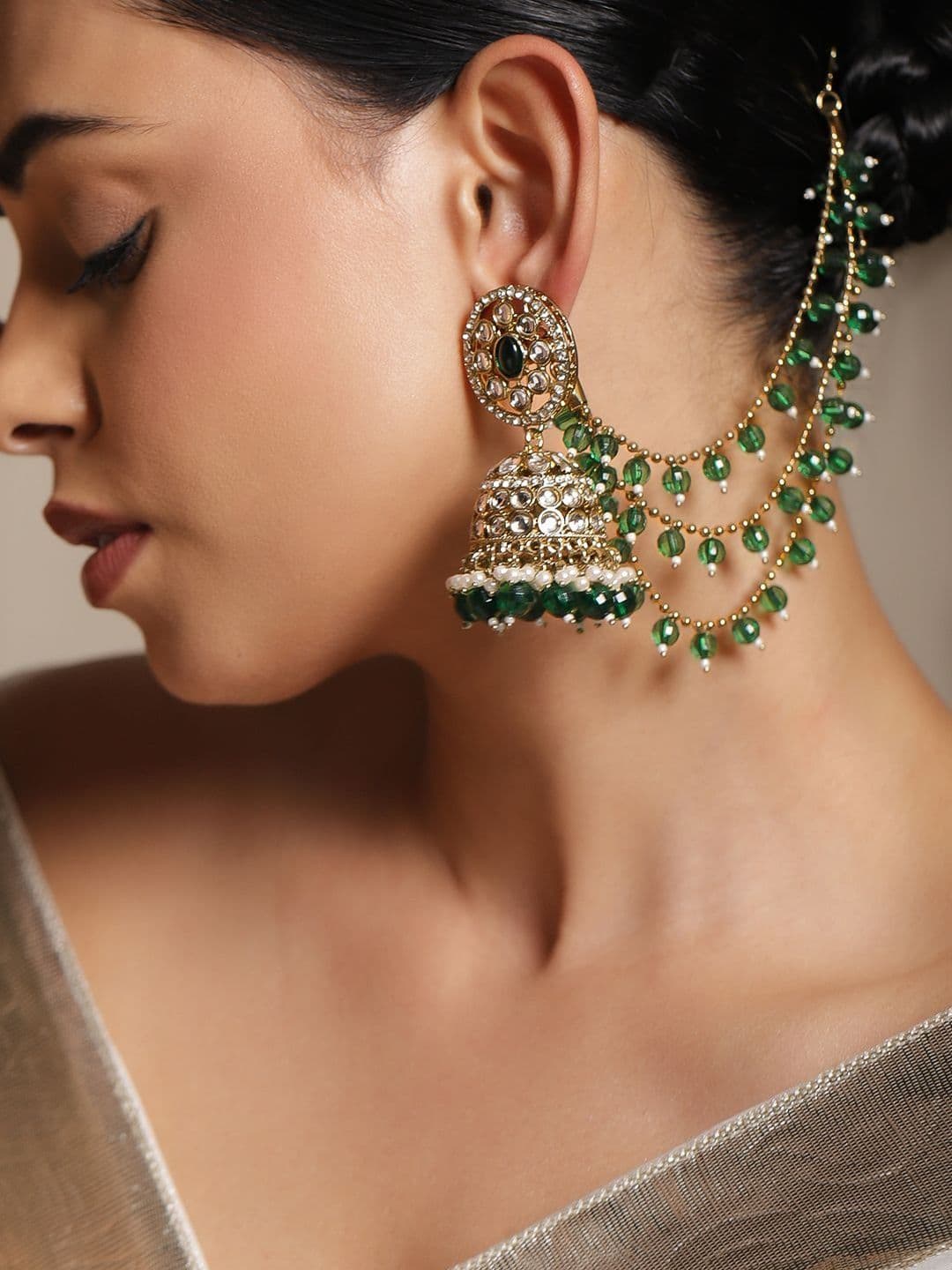 Rubans 18K Gold-Plated Kundan Studded & Pearls Beaded Dome Shaped Jhumkas With Ear Chain - view 1