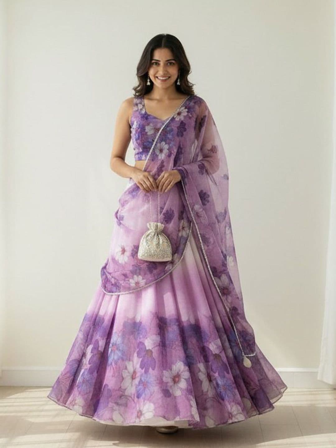 LIPS CROWN Floral Printed Organza Semi-Stitched Lehenga & Blouse With Dupatta - view 1