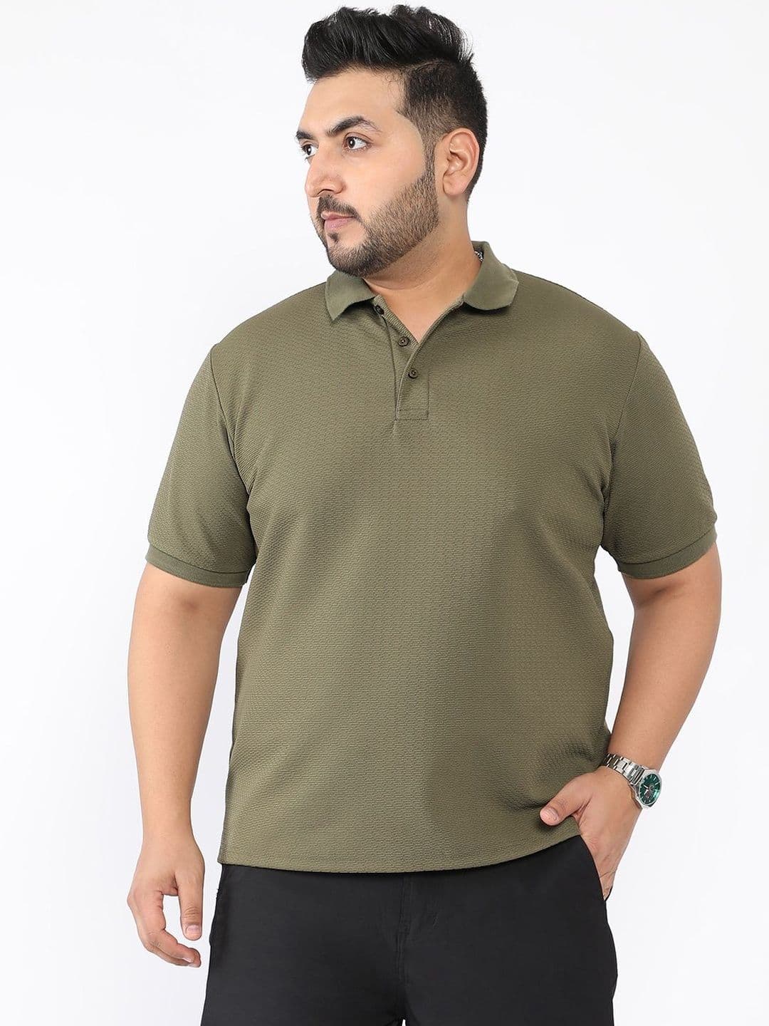 Instafab Plus Self Design Polo Collar Cotton Regular Fit Plus Size T-shirt - view 1
