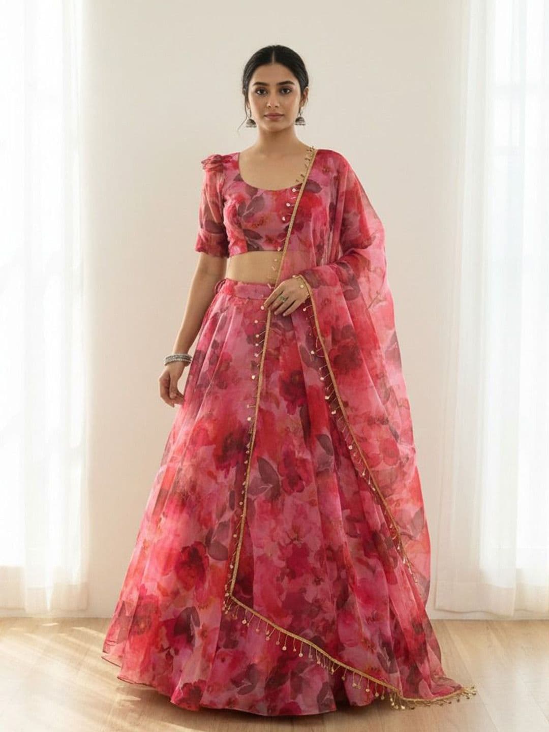 LIPS CROWN Floral Printed Organza Semi-Stitched Lehenga & Blouse With Dupatta - view 1