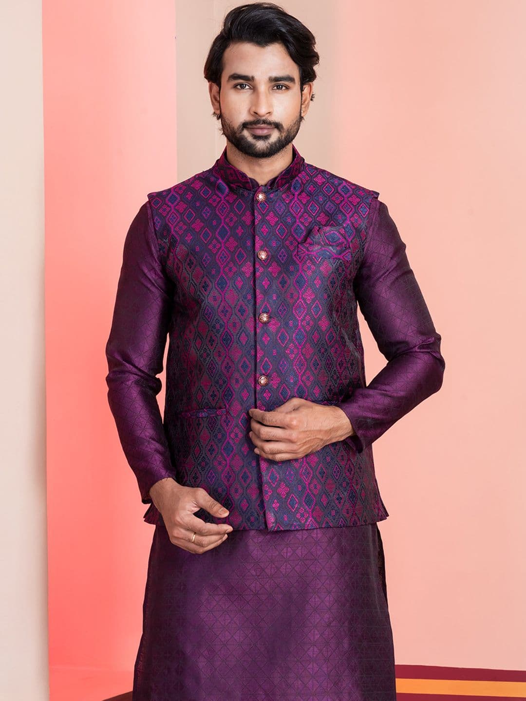DEVOILER Men Printed Tailored-Fit Nehru Jackets - view 1