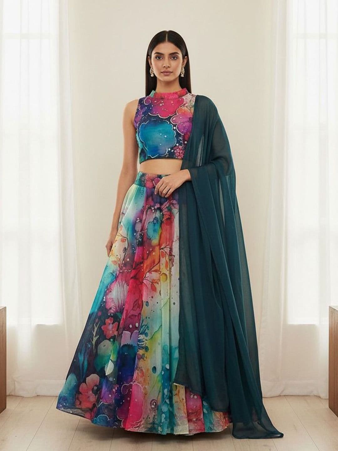 LIPS CROWN Printed Semi-Stitched Organza Lehenga & Ready To Wear Blouse With Dupatta - view 1