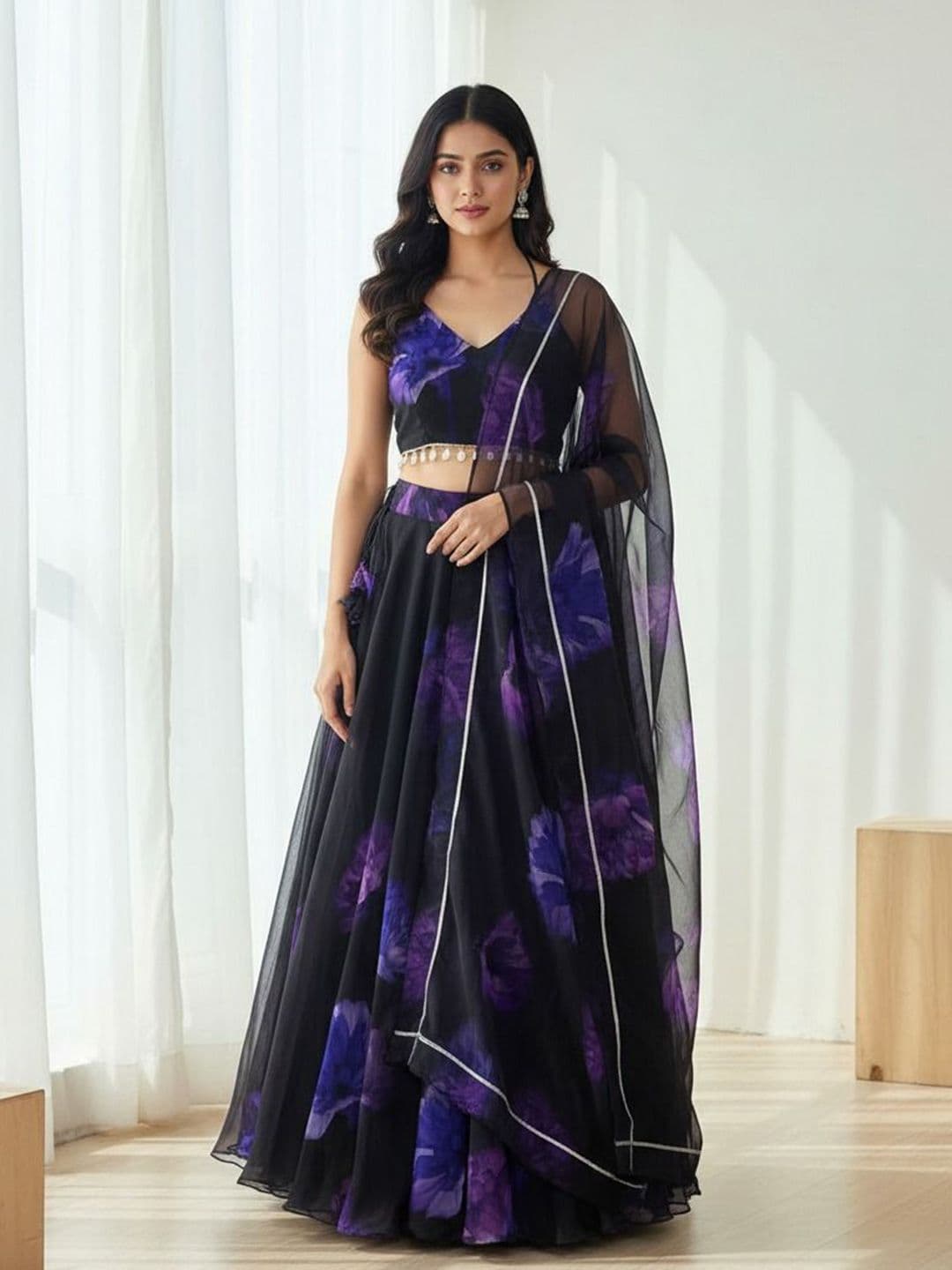 LIPS CROWN Printed Semi-Stitched Organza Lehenga & Ready To Wear Blouse With Dupatta - view 1