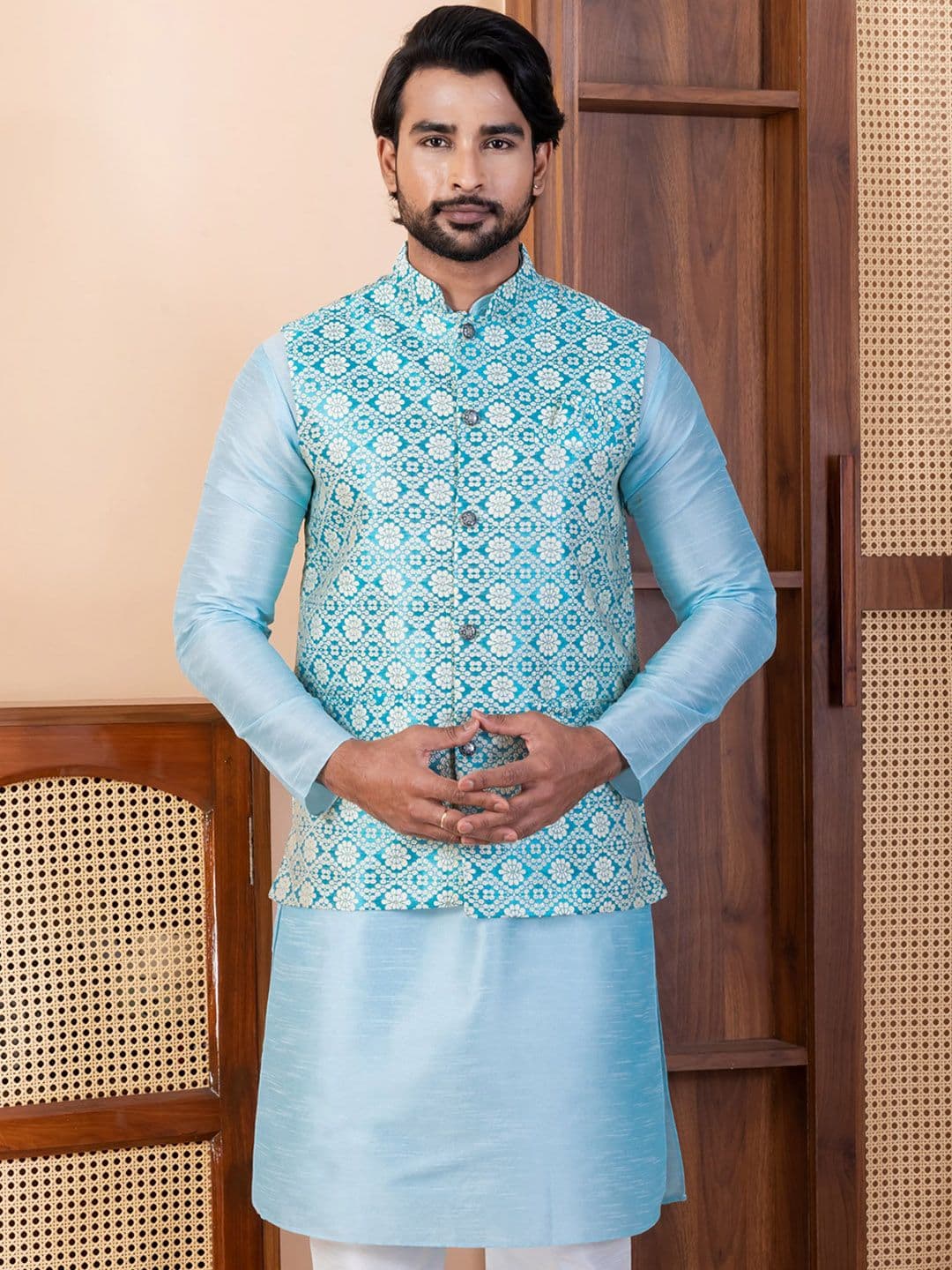DEVOILER Printed Tailored-Fit Nehru Jacket - view 1
