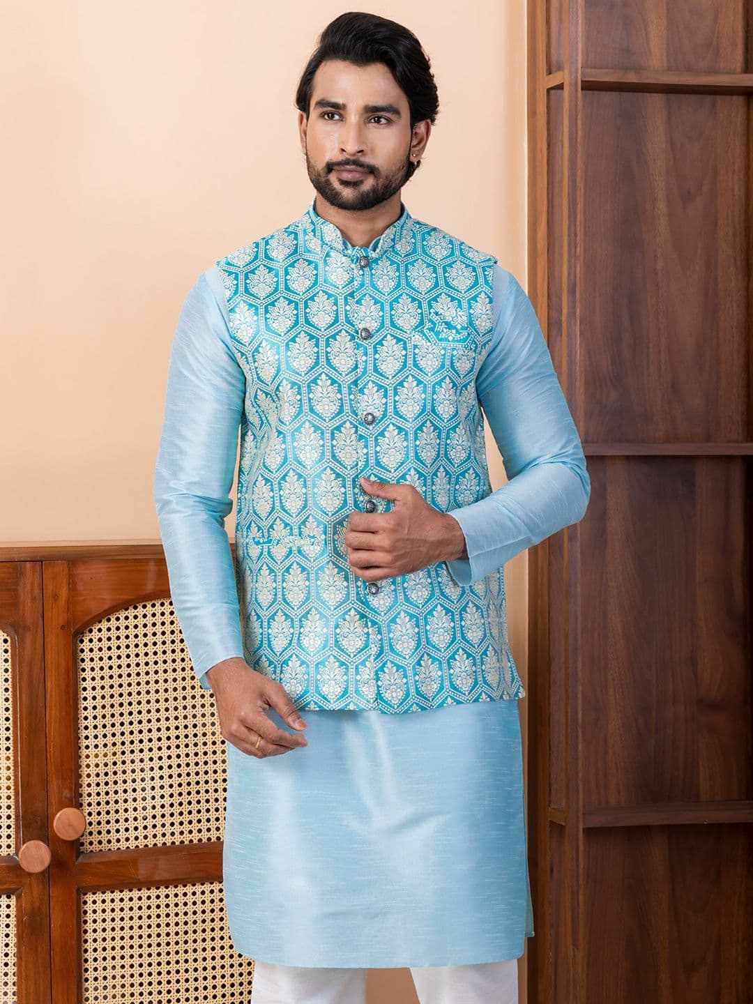 DEVOILER Printed Tailored-Fit Nehru Jacket - view 1