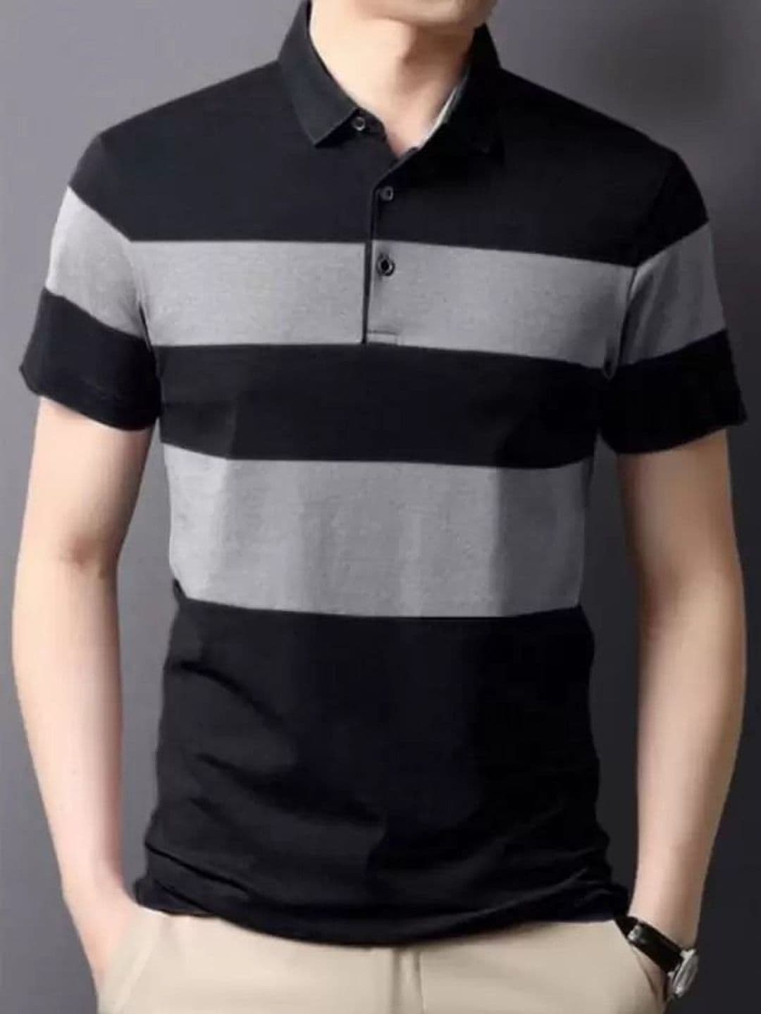 HOODLER Striped Polo Collar Pure Cotton T-shirt - view 1