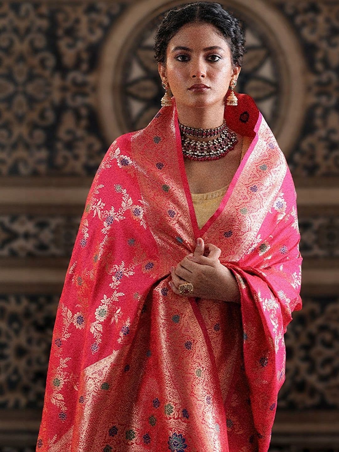 Libas Pink Woven Design Saree With Unstitched Blouse Piece - view 1