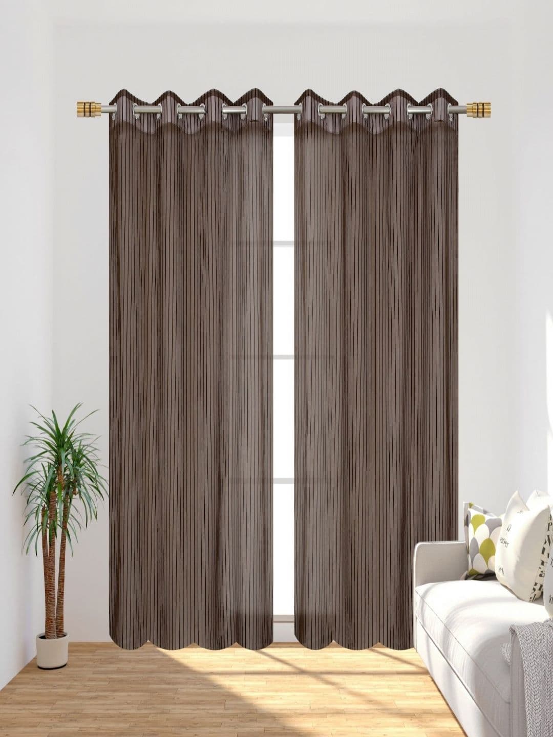 Aura Coffee Brown 2 Pieces Striped Sheer Long Door Curtains - view 1