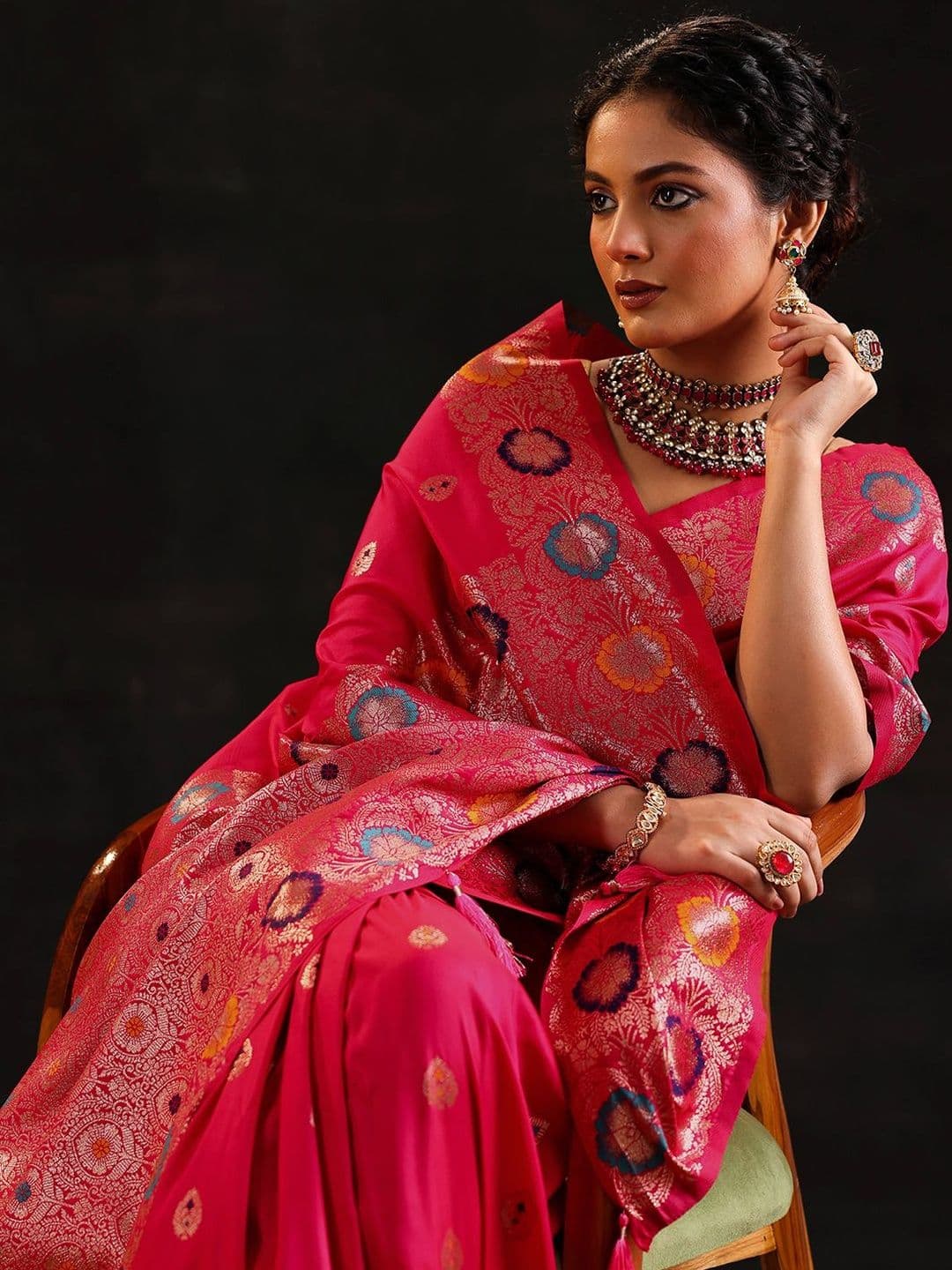 Libas Pink Woven Design Saree With Unstitched Blouse Piece - view 1