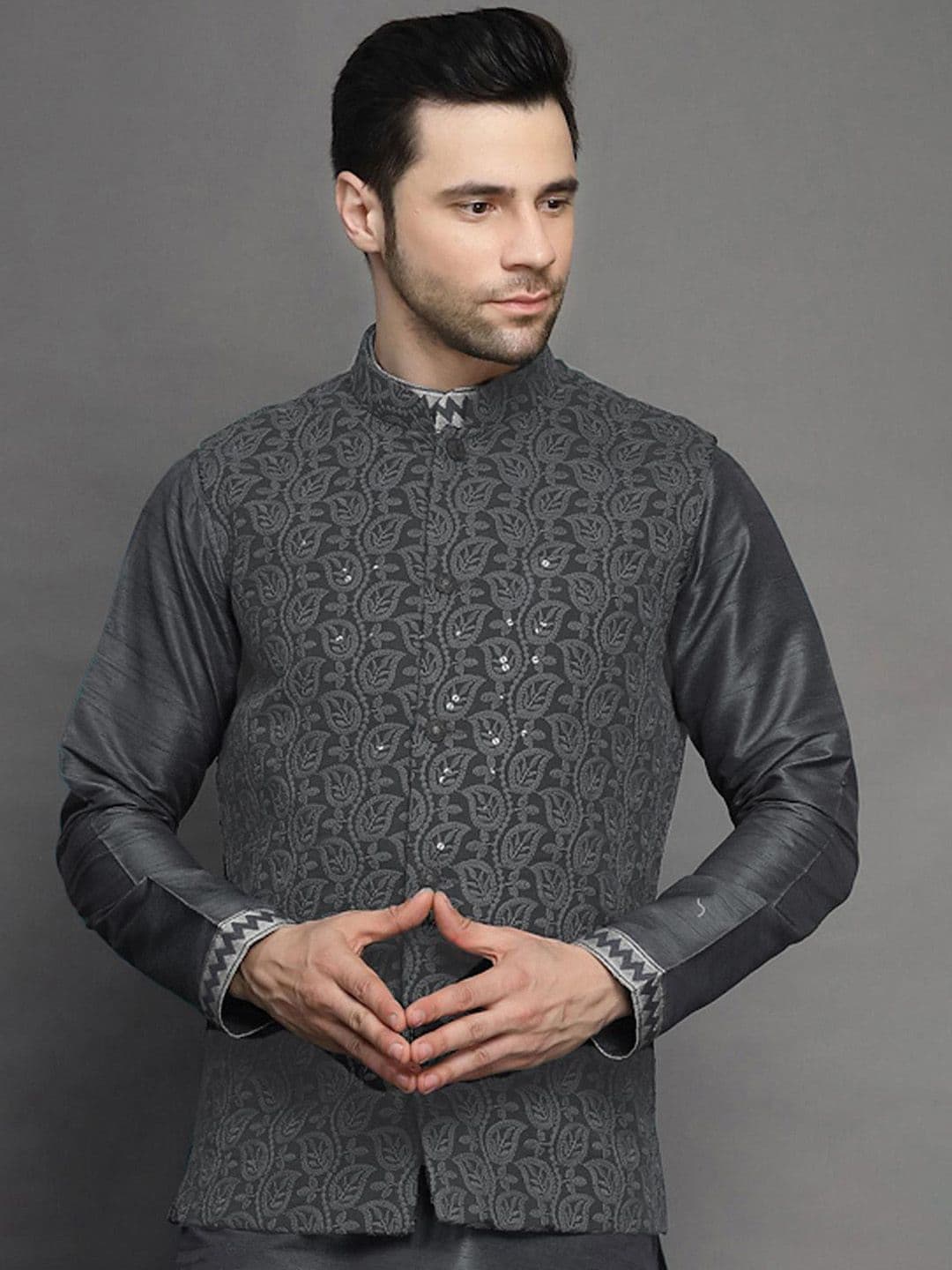 Utsav Fashion Men Grey Embroidered Georgette Nehru Jacket - view 1