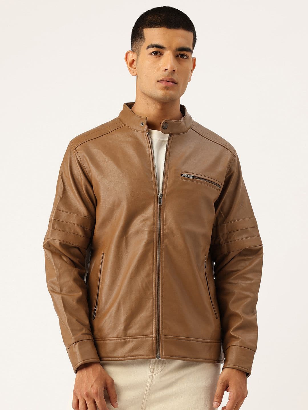 Okane Faux Leather Trim Mandarin Collar Tailored Jacket - view 1