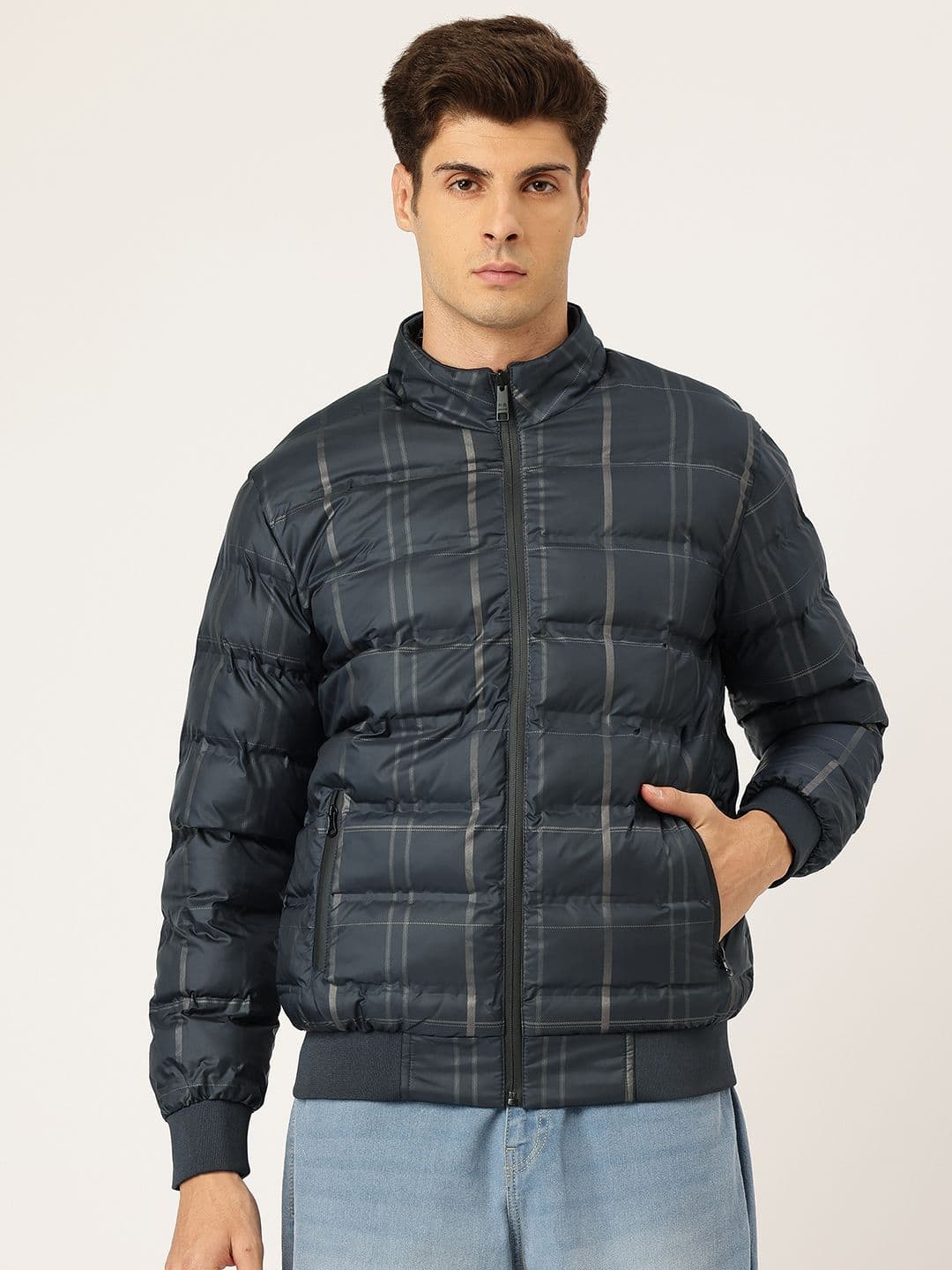 Okane Checked Mock Collar Reversible Puffer Jacket - view 1