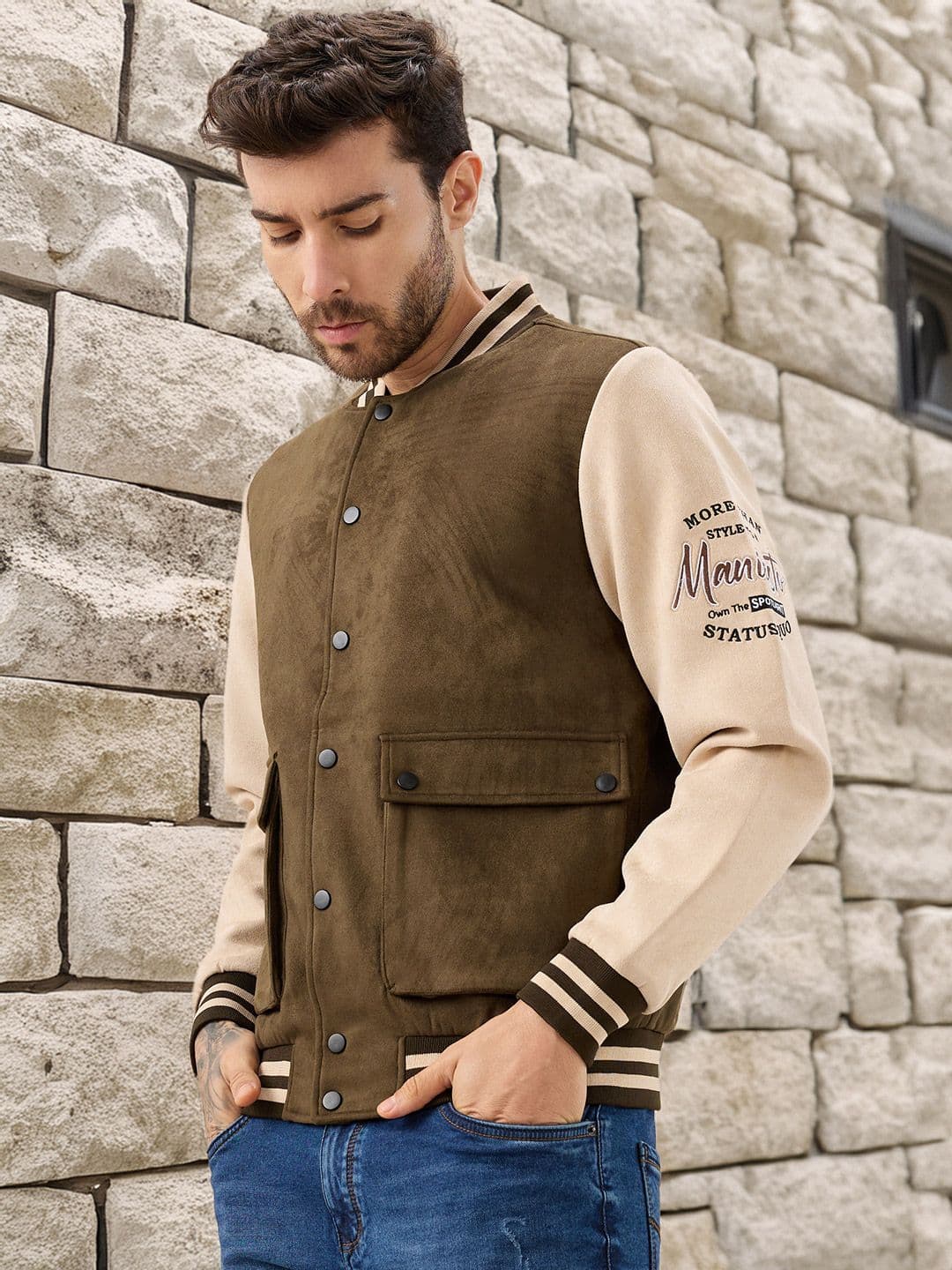 Status Quo Men Mock Collar Solid Lightweight Varsity Jacket - view 1