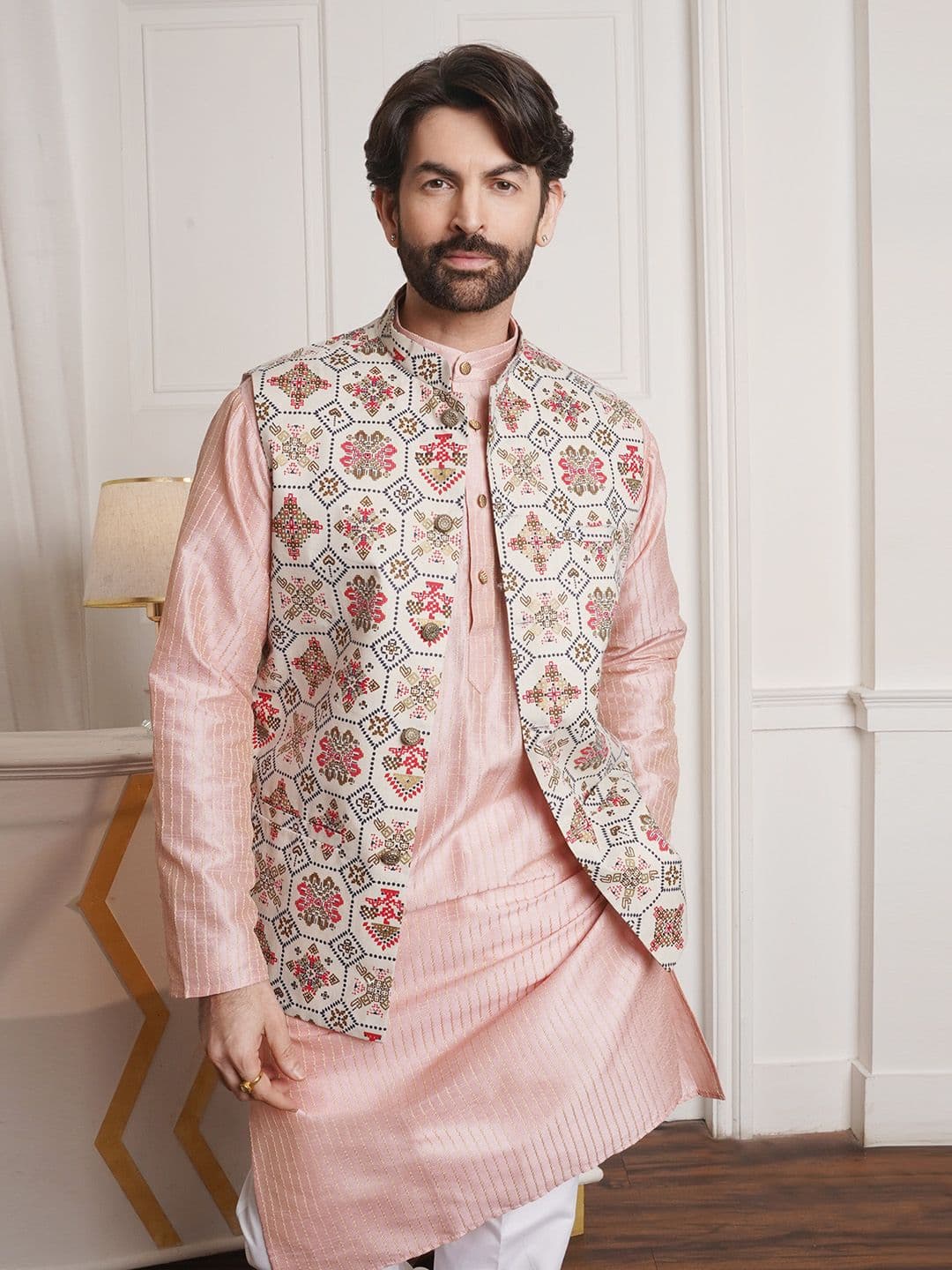 SOJANYA Men Off White Printed Cotton Linen Nehru Jacket - view 1