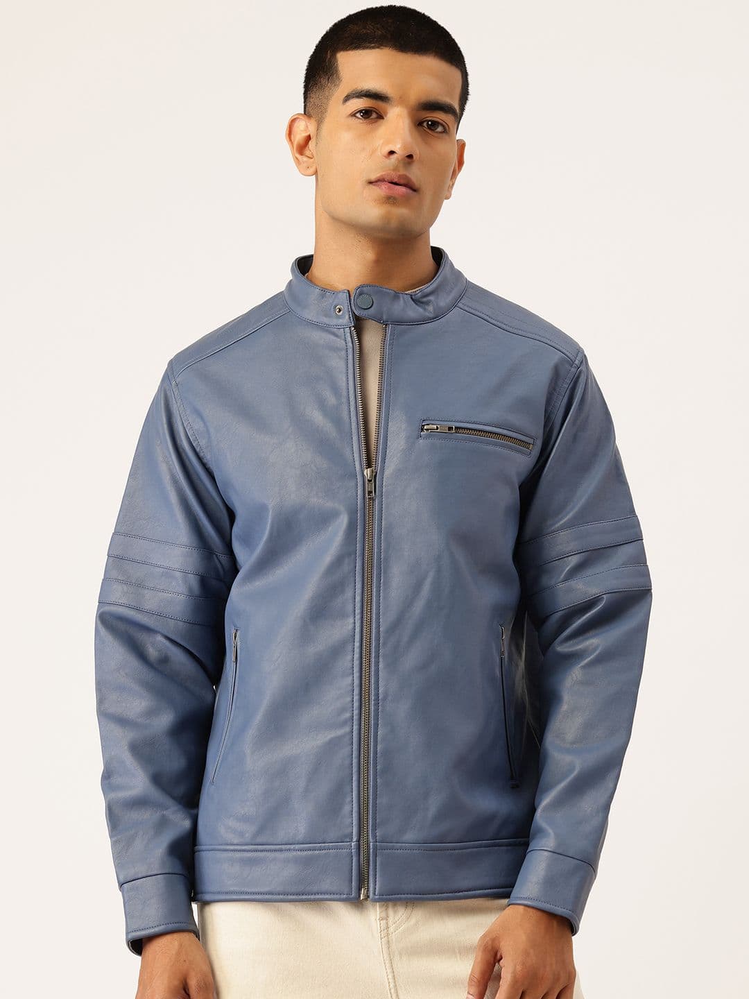 Okane Faux Leather Trim Mandarin Collar Tailored Jacket - view 1