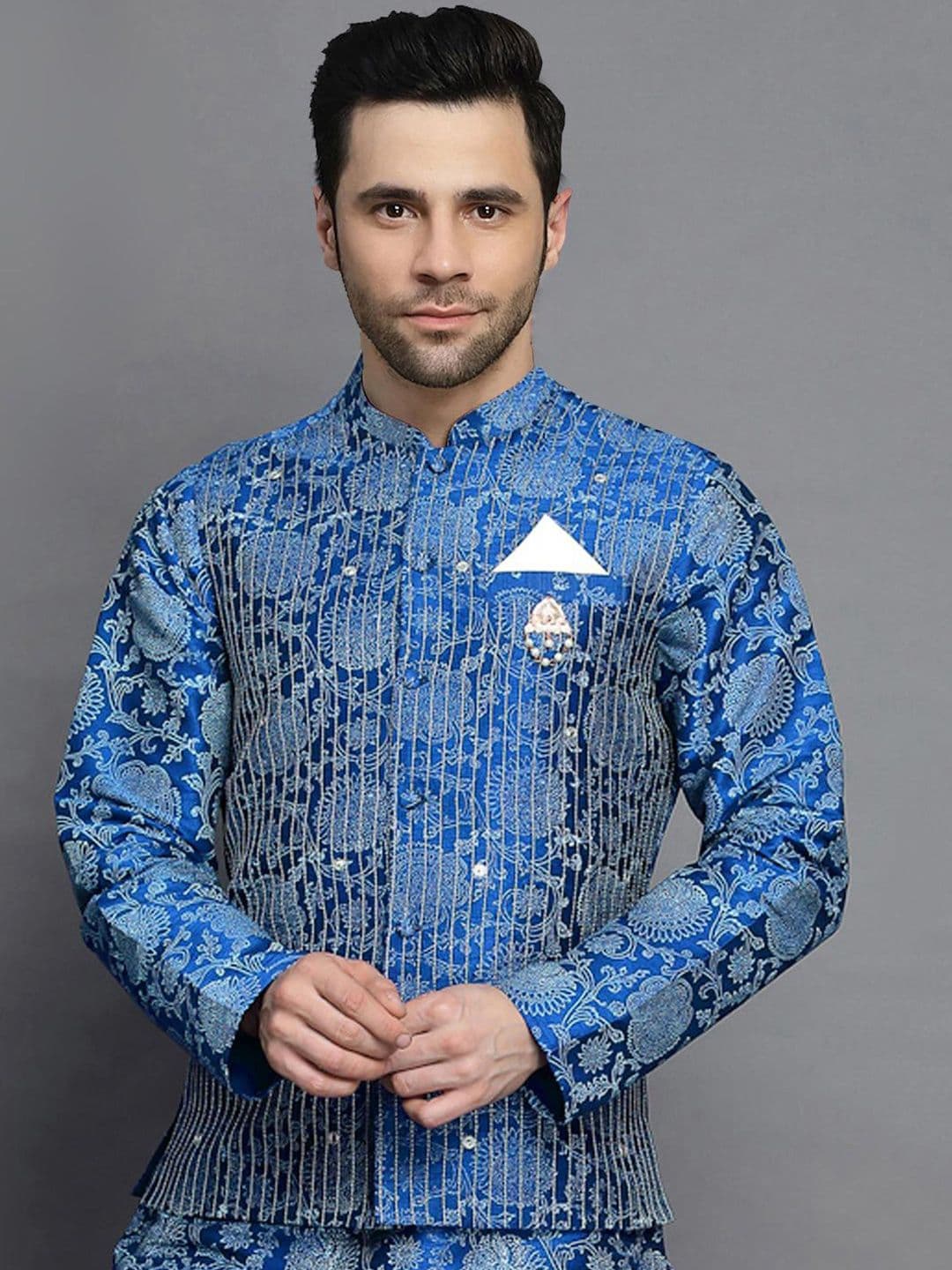 Utsav Fashion Men Block Printed Mandarin Collar Art Silk Nehru Jacket - view 1