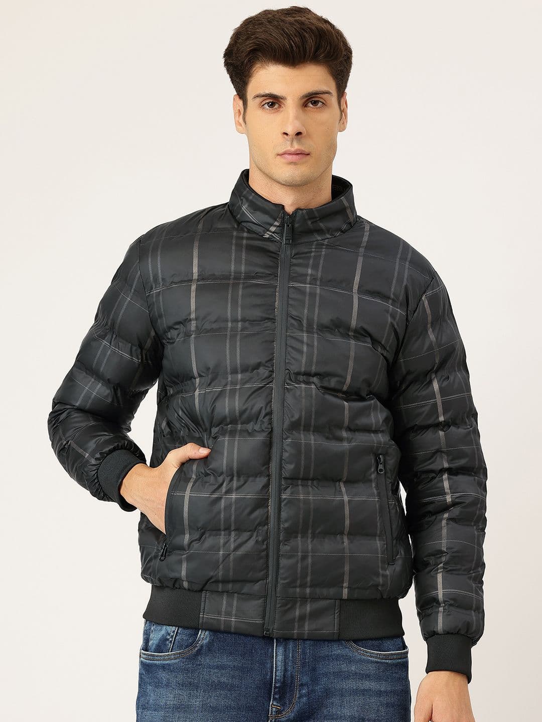 Okane Checked Mock Collar Reversible Puffer Jacket - view 1