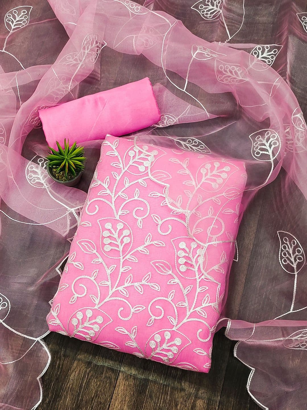 Rangtulika Ethnics Floral Embroidered Thread Work Organza Unstitched Dress Material - view 1