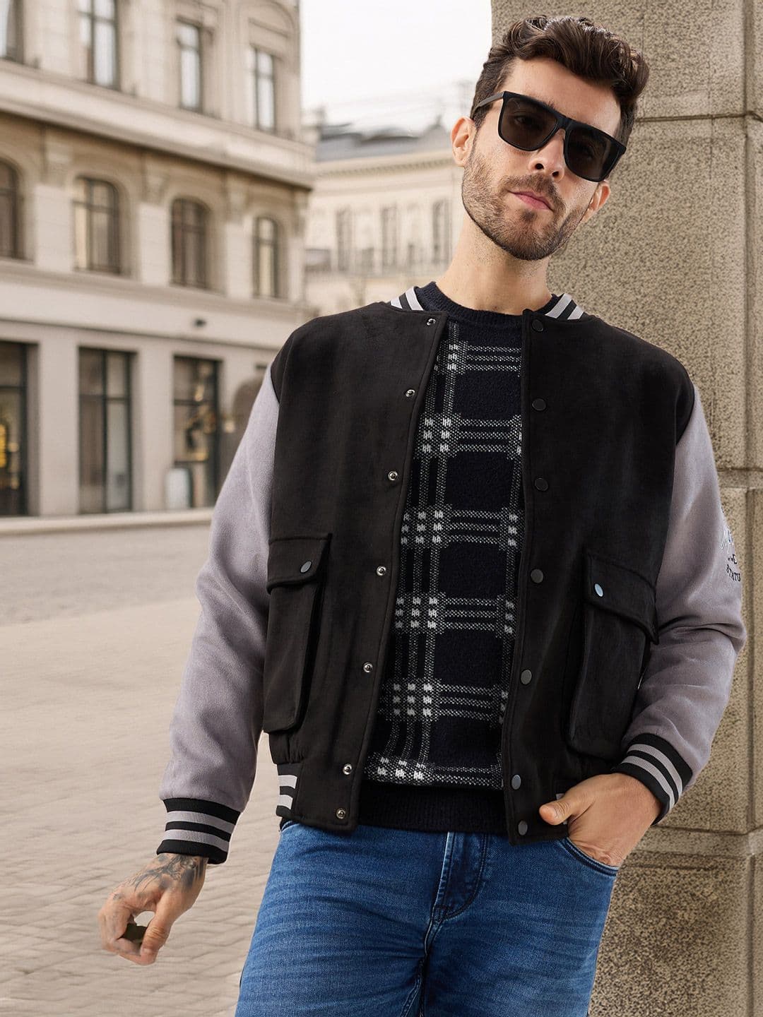 Status Quo Men Mock Collar Solid Lightweight Varsity Jacket - view 1