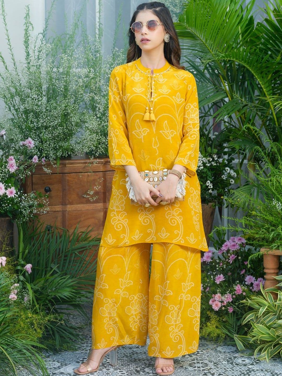 Sangria Mustard Natural Crepe Embroidered Kurta with Palazzo Co-ord Set - view 1