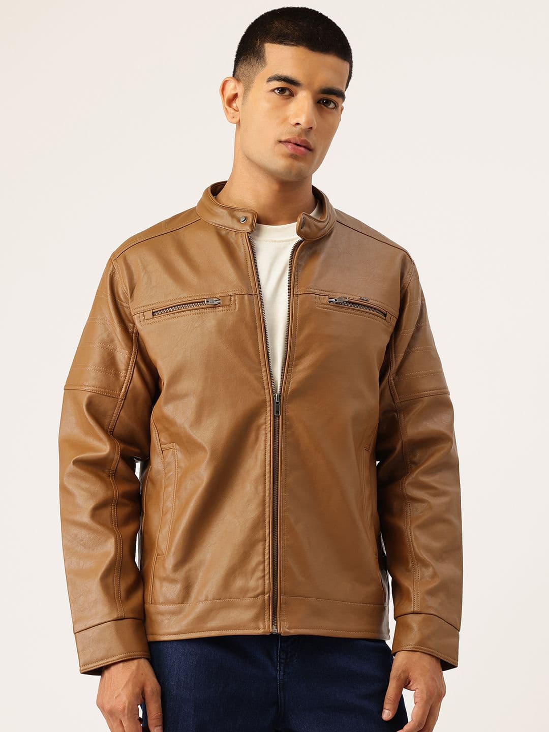 Okane Faux Leather Trim Mandarin Collar Tailored Jacket - view 1