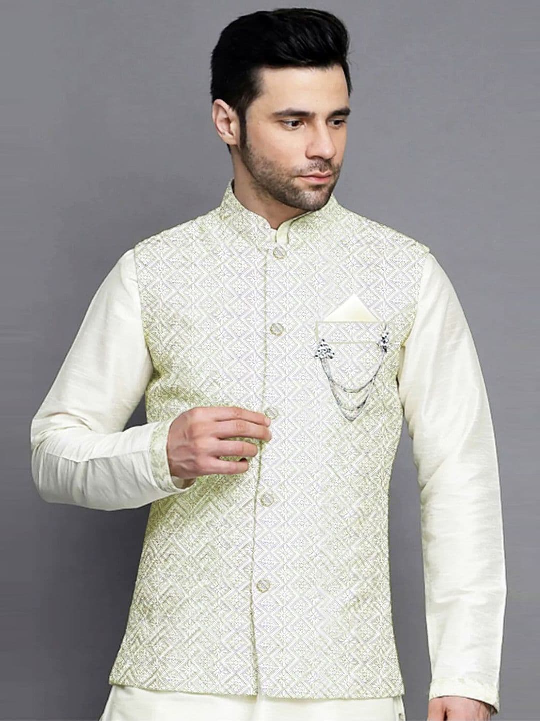 Utsav Fashion Embroidered Georgette Nehru Jacket in White - view 1
