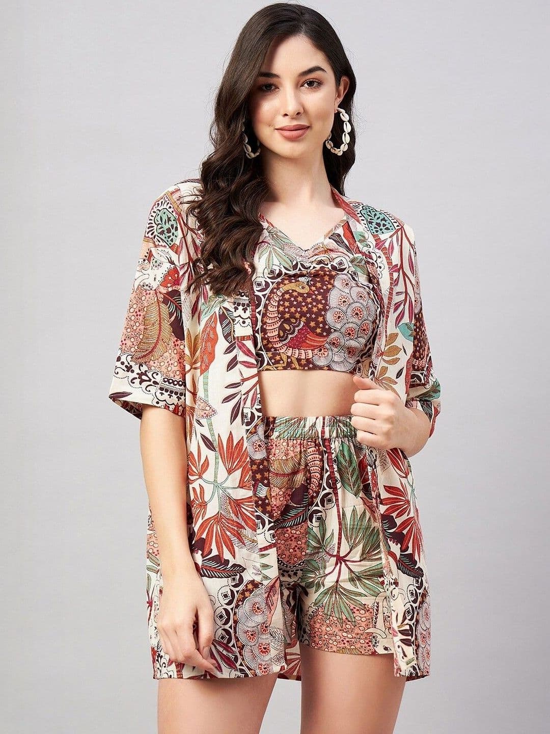 HERE&NOW Printed Pure Cotton Top With Shorts & Jacket Co-ord set - view 1
