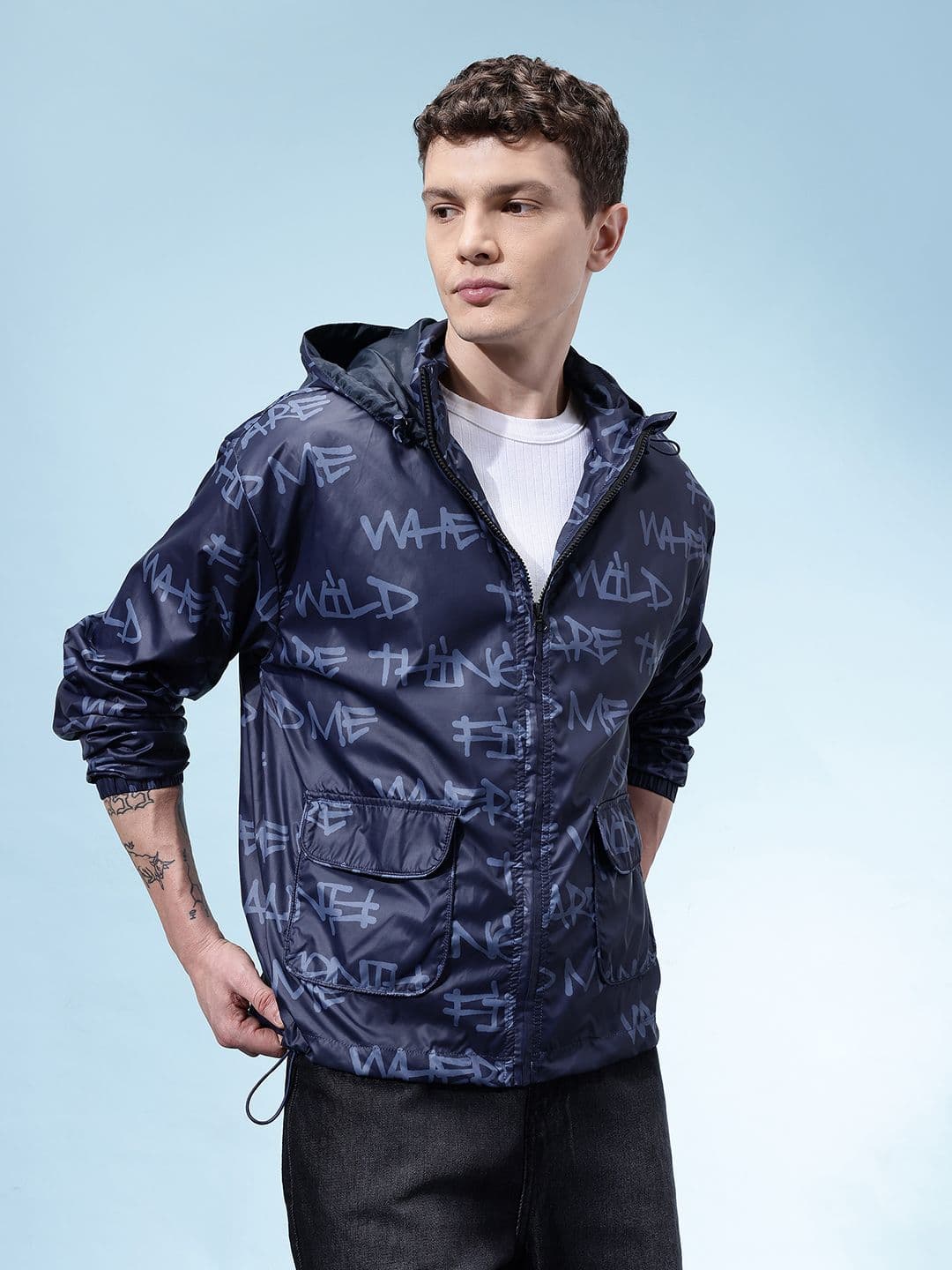 glitchez Typography Printed Hooded Bomber Jacket - view 1