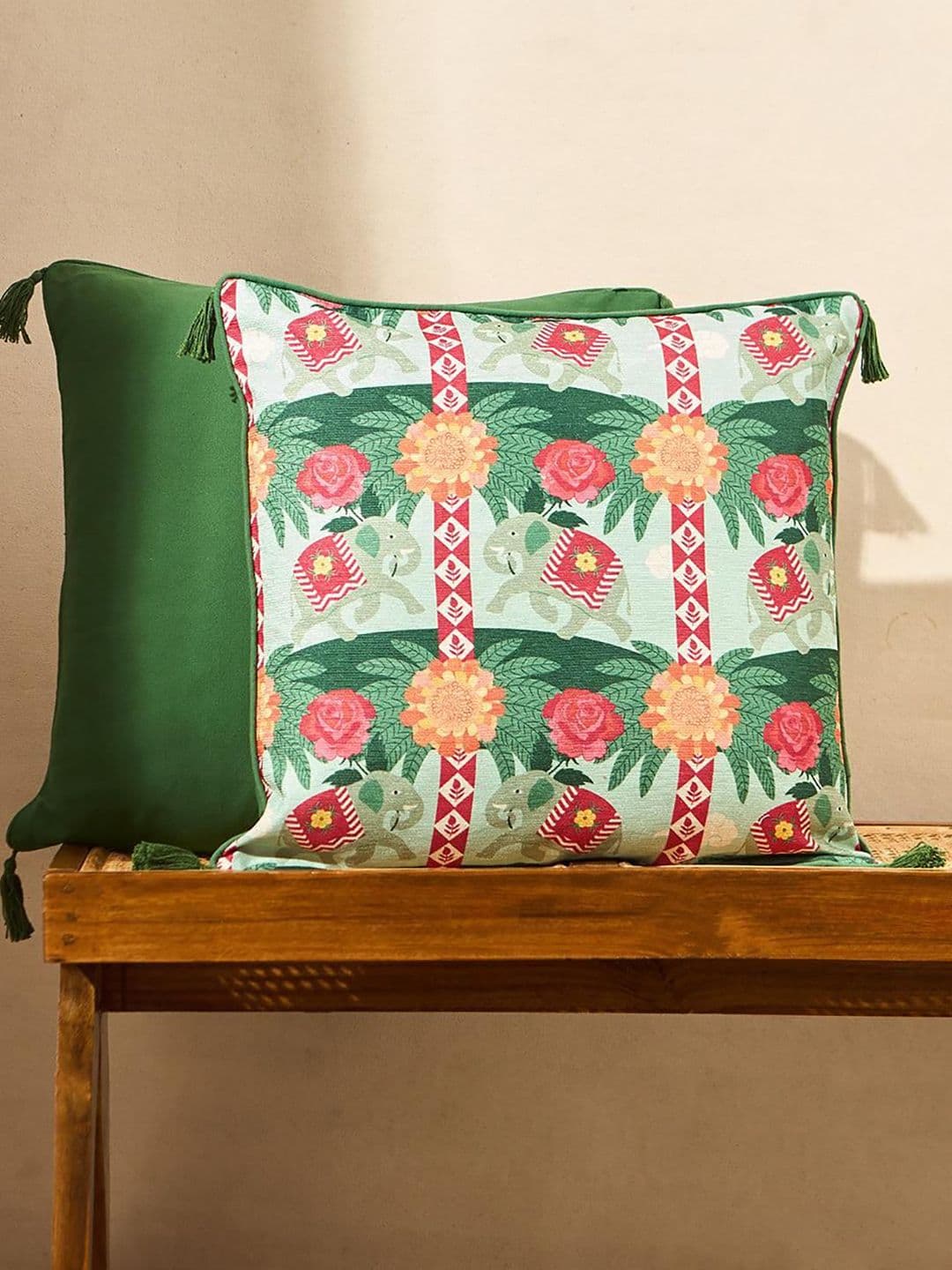 Chumbak Green & Red Palace Memoirs Cotton Rani Bagh Cushion Cover - view 1