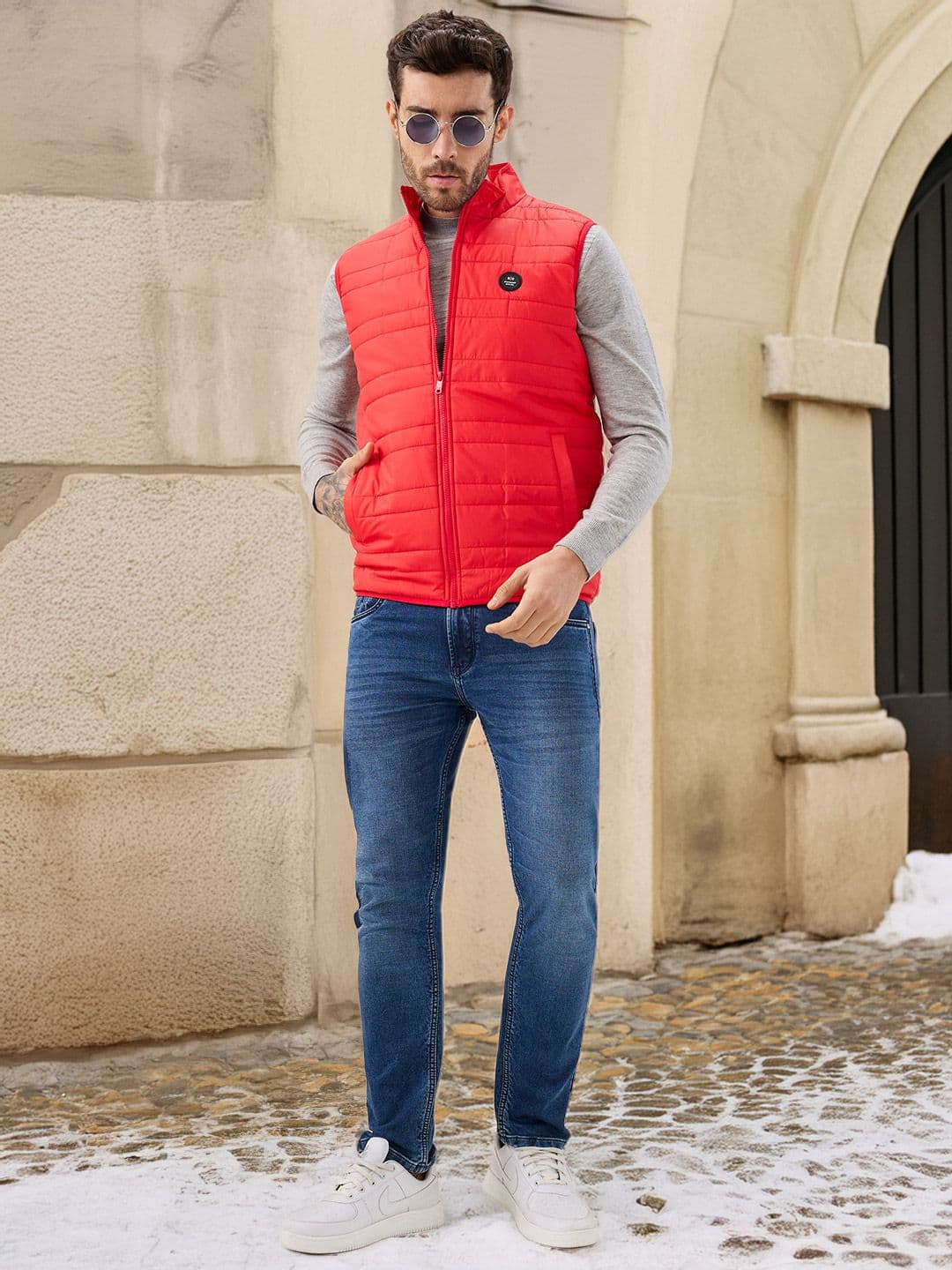 Status Quo Men Stand Collar Self Design Lightweight Gilet Jacket - view 1
