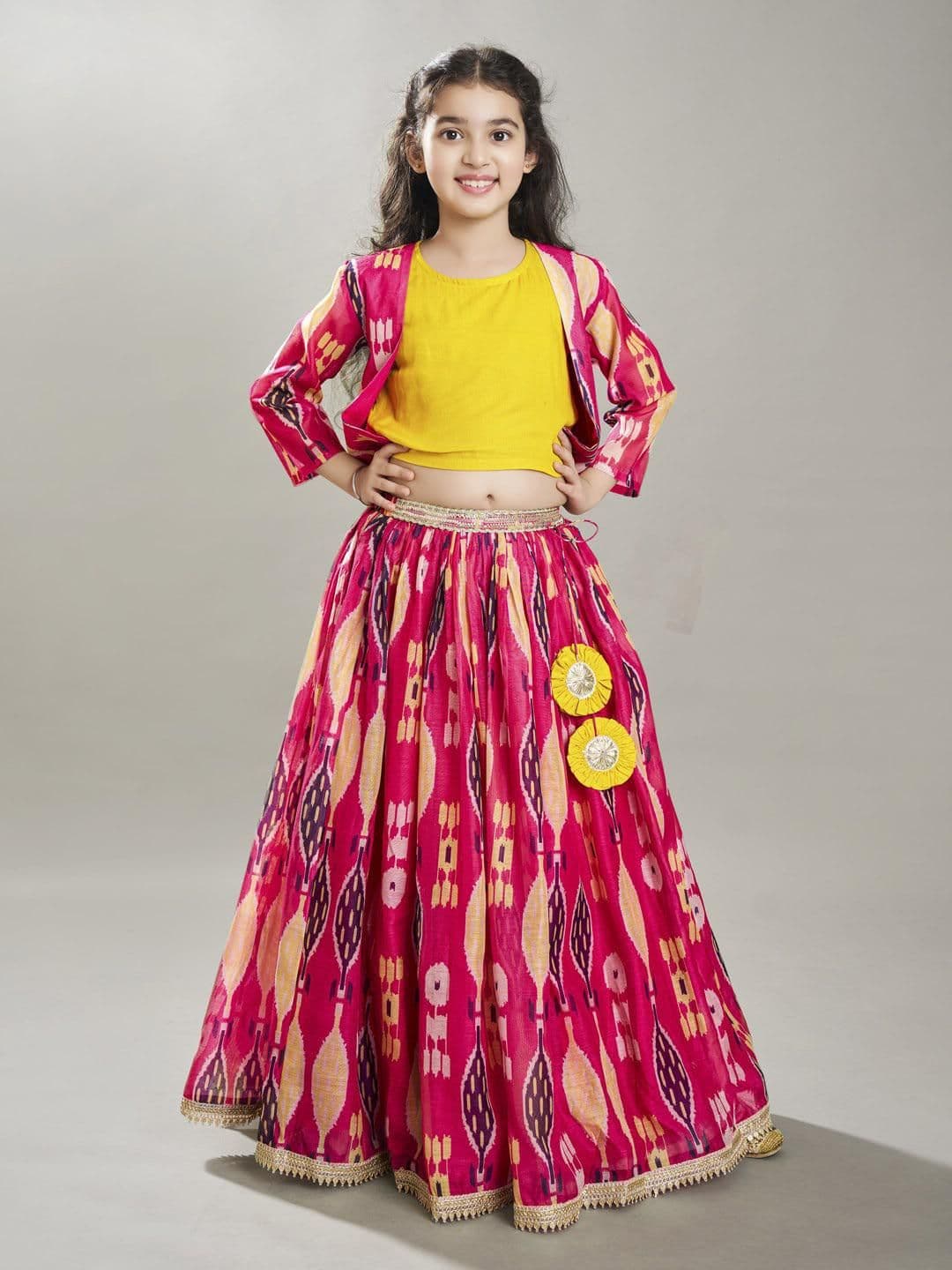 Bitiya by Bhama Girls Ikat Digital Printed Ready to Wear Lehenga & Blouse with Jacket - view 1