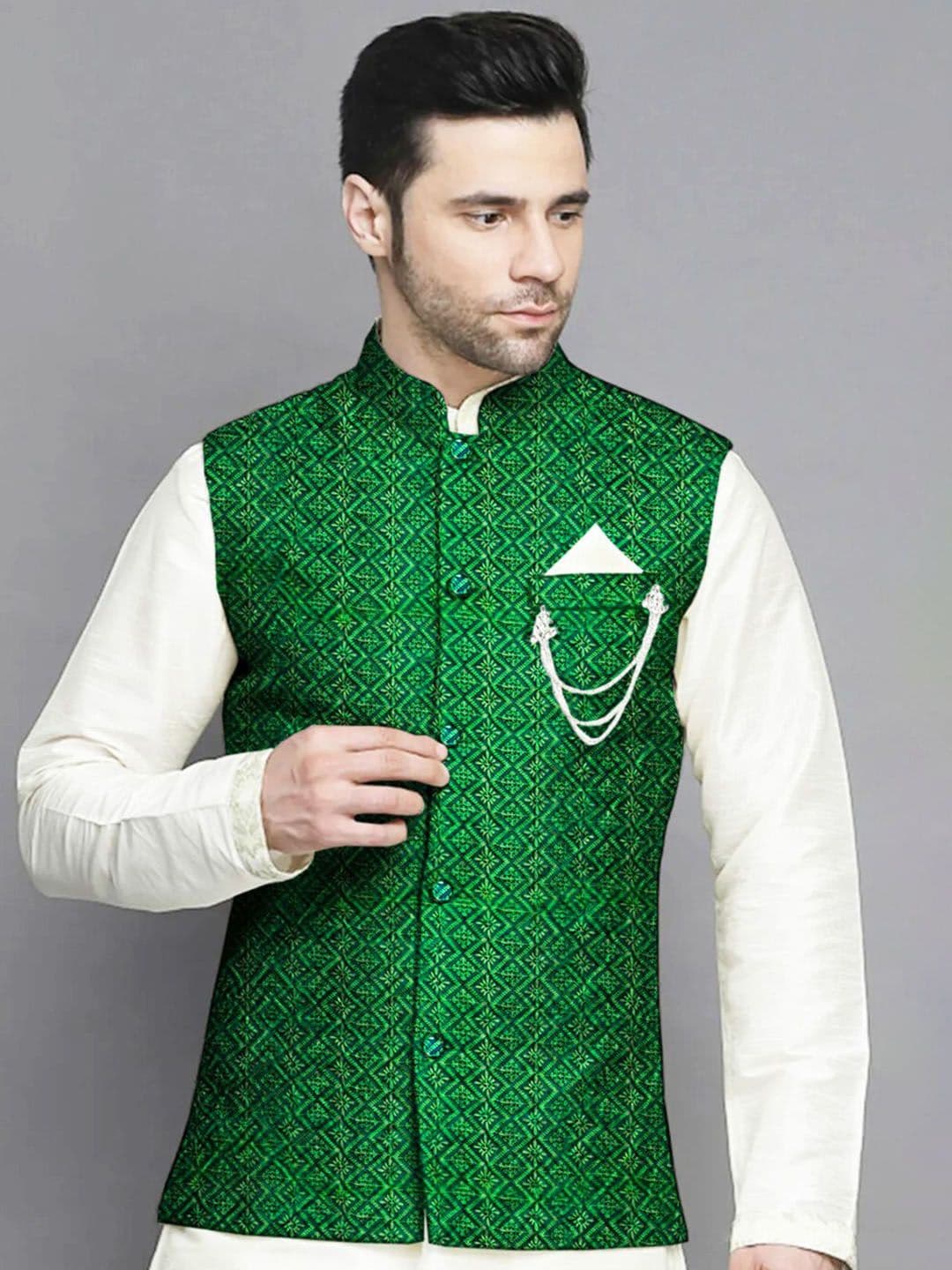 Utsav Fashion Men Green Embroidered Georgette Nehru Jacket - view 1