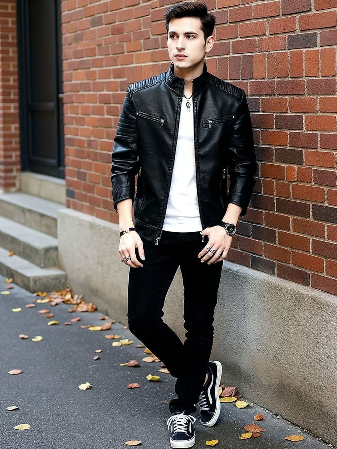 HERE&NOW Men Solid Long Sleeves Mock Collar Windcheater Leather Jacket - view 1