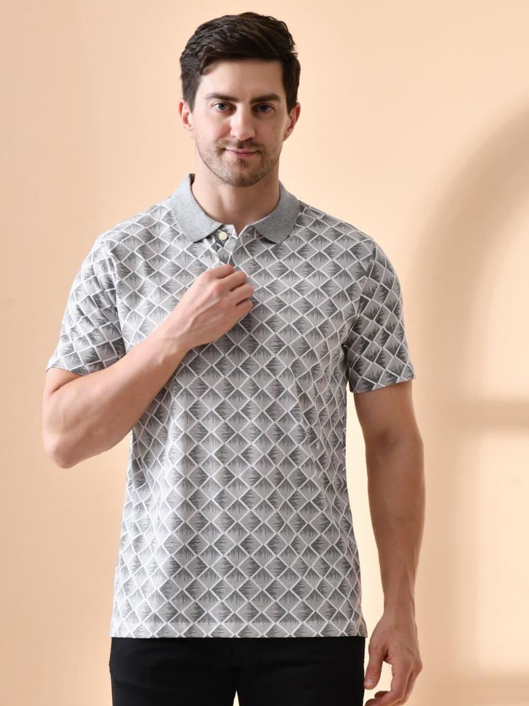 Mast & Harbour Men Geometric Printed Polo Collar Cotton T-shirt - view 1