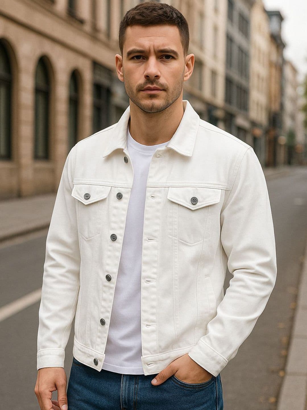 KASHIAN Men Spread Collar Solid Denim Jacket - view 1