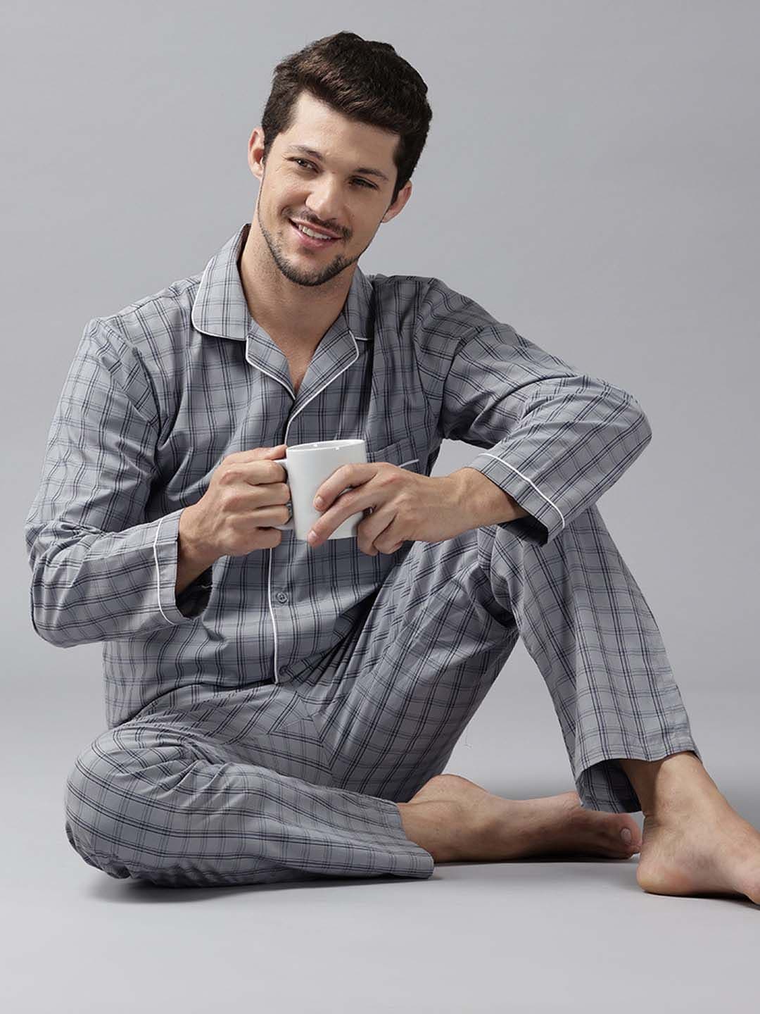 English Navy Checked Lapel Collar Relaxed Fit Night suit - view 1