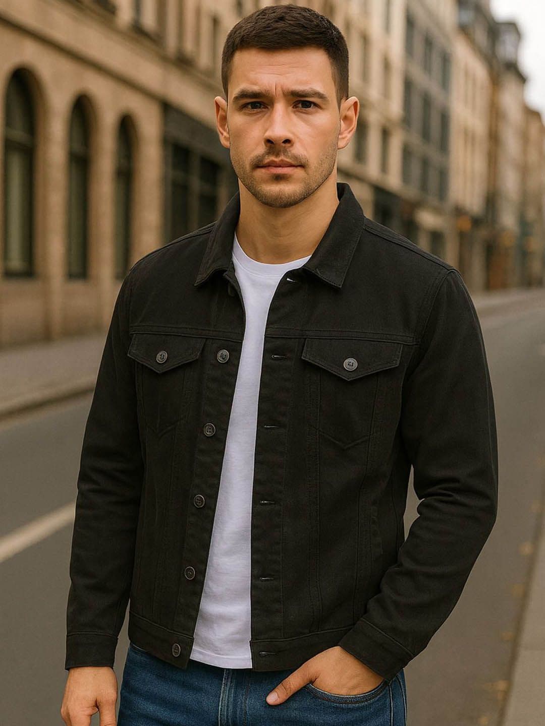 KASHIAN Men Spread Collar Solid Denim Jacket - view 1