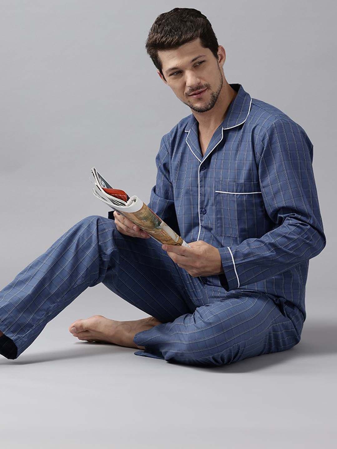 English Navy Checked Lapel Collar Relaxed Fit Night suit - view 1