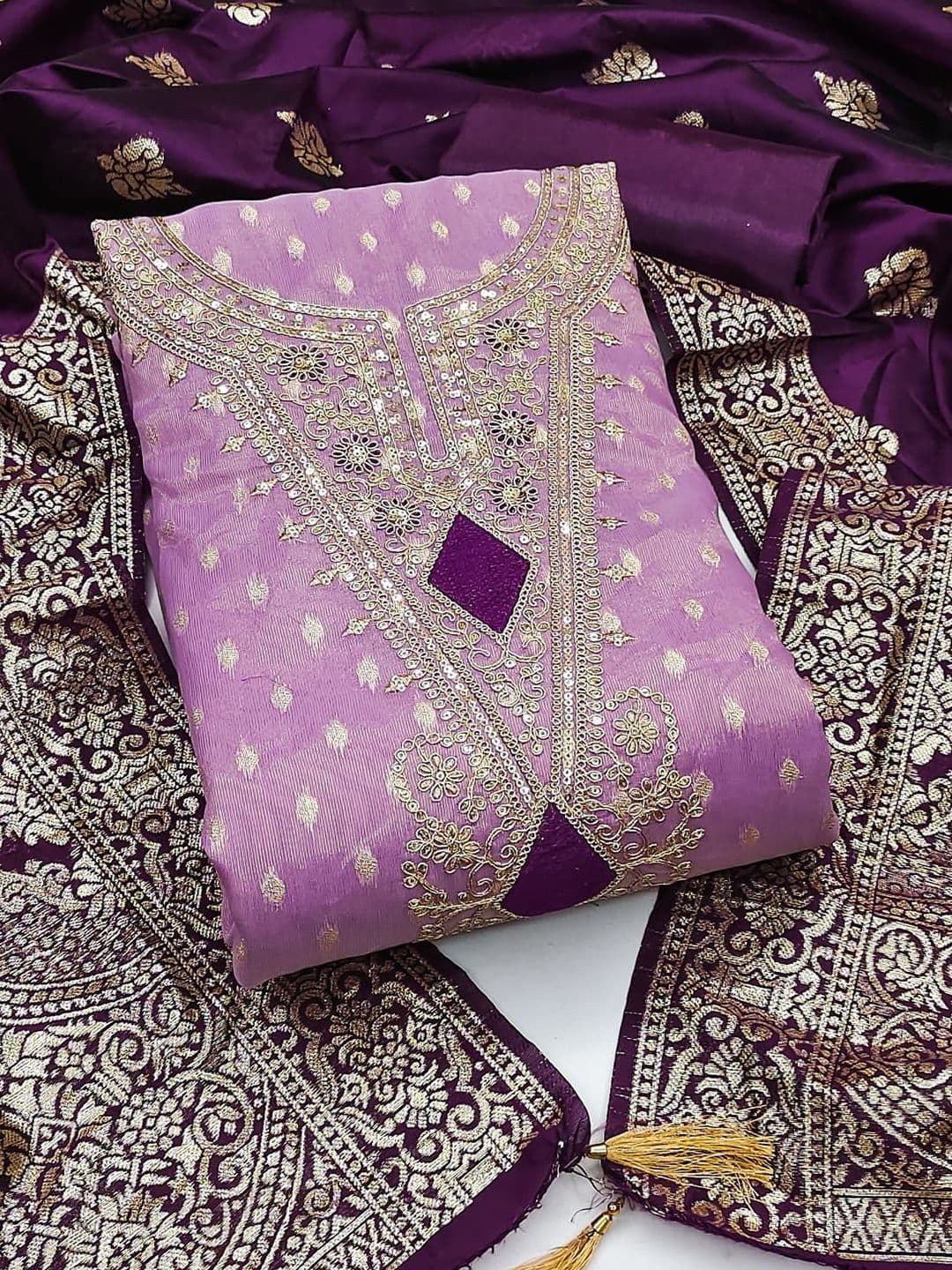 HMP Fashion Ethnic Motifs Embroidered Sequinned Chanderi Silk Unstitched Dress Material - view 1