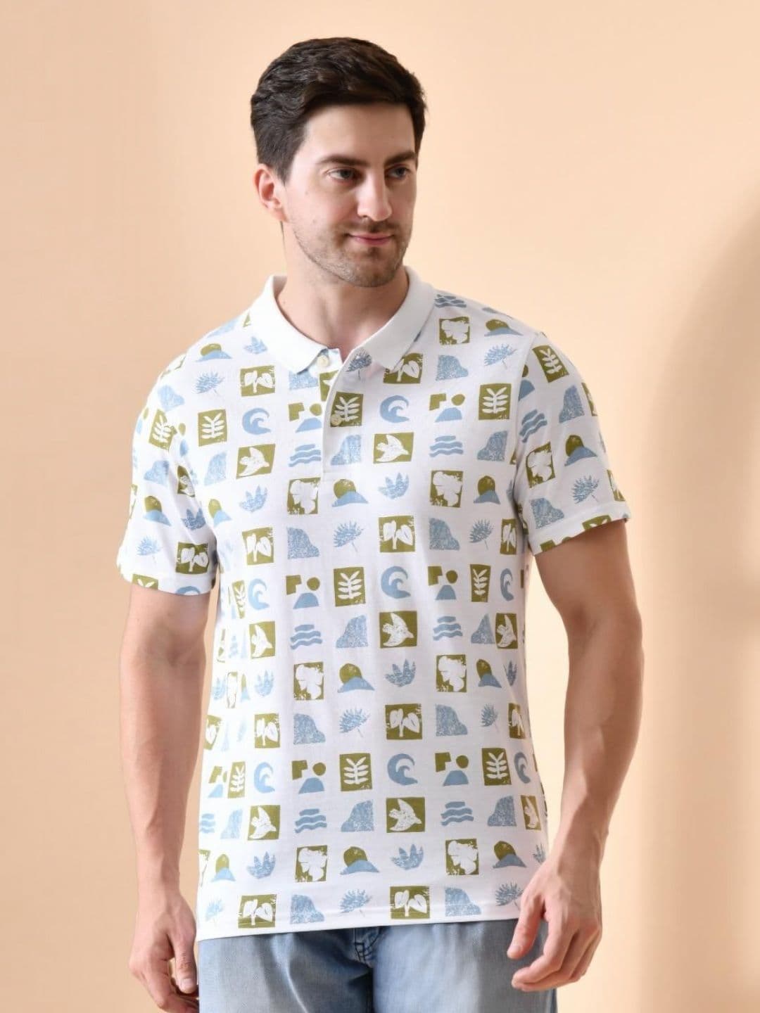 Mast & Harbour Men Geometric Printed Polo Collar Cotton T-shirt - view 1