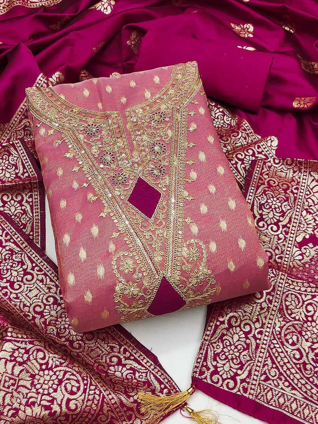 HMP Fashion Ethnic Motifs Embroidered Sequinned Chanderi Silk Unstitched Dress Material - view 1