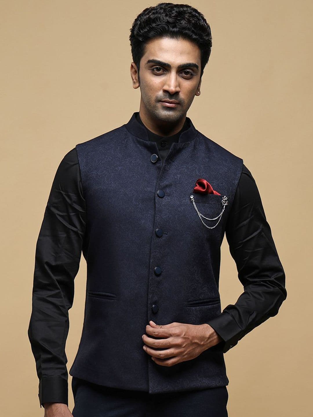 Neumen Men Woven Design Mandarin Collar Nehru Jacket - view 1
