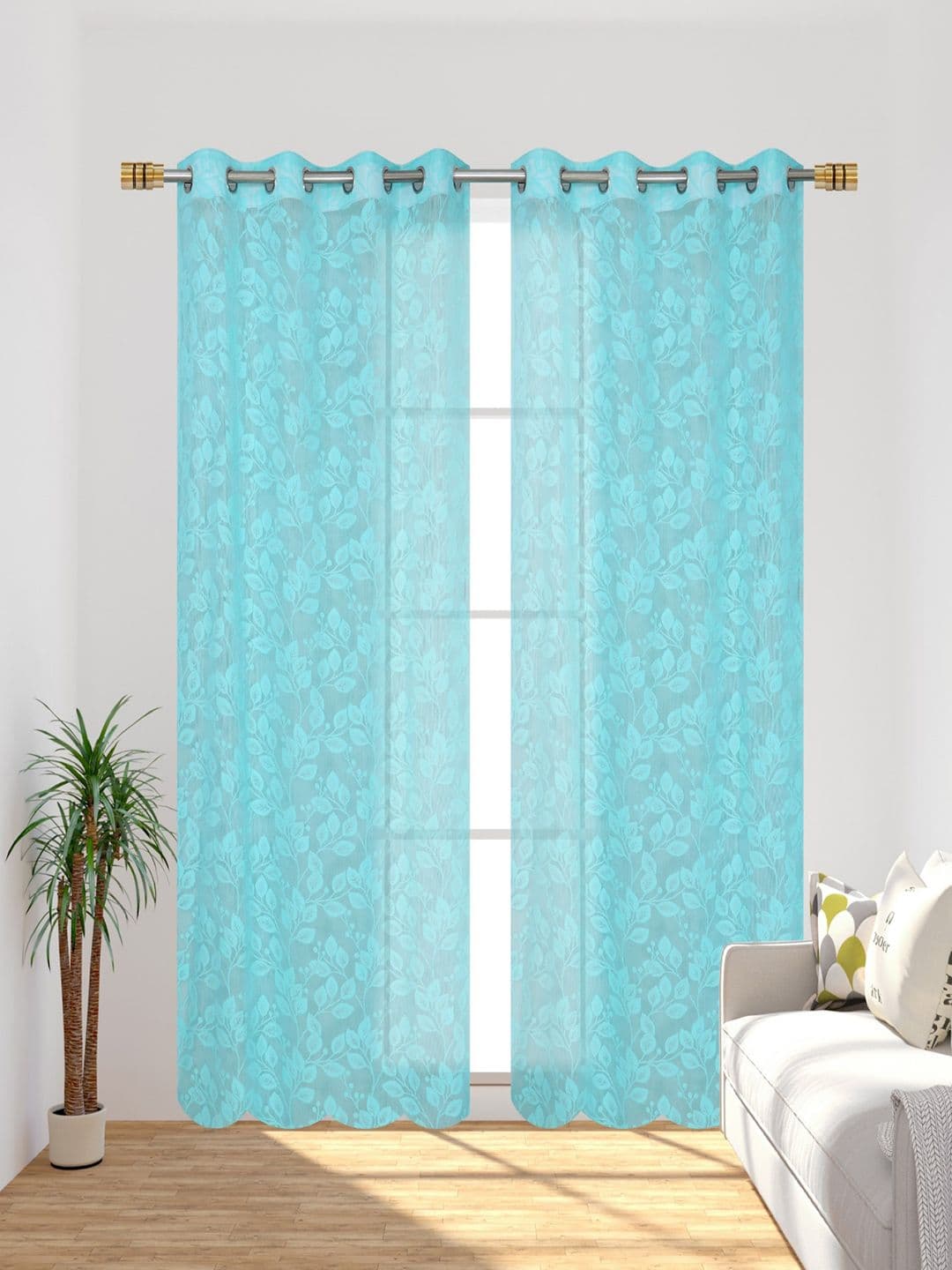 Aura Turquoise Blue 2 Pieces Self Design Sheer Long Door Curtains - view 1
