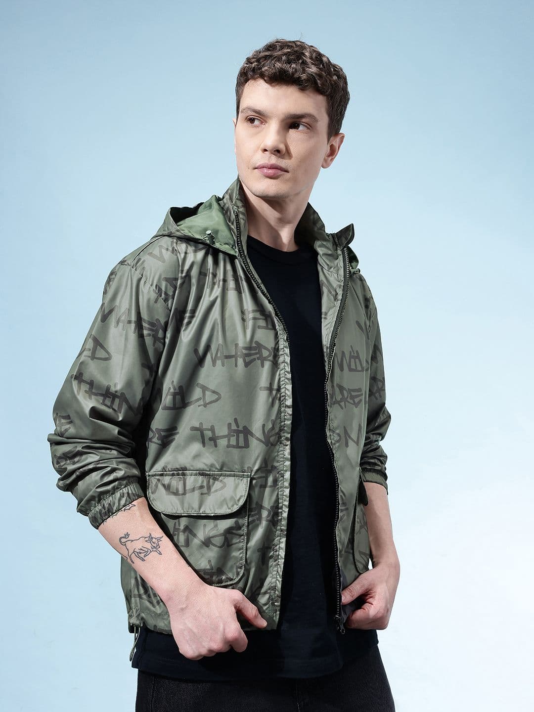 glitchez Typography Printed Hooded Windcheater Tailored Jacket - view 1
