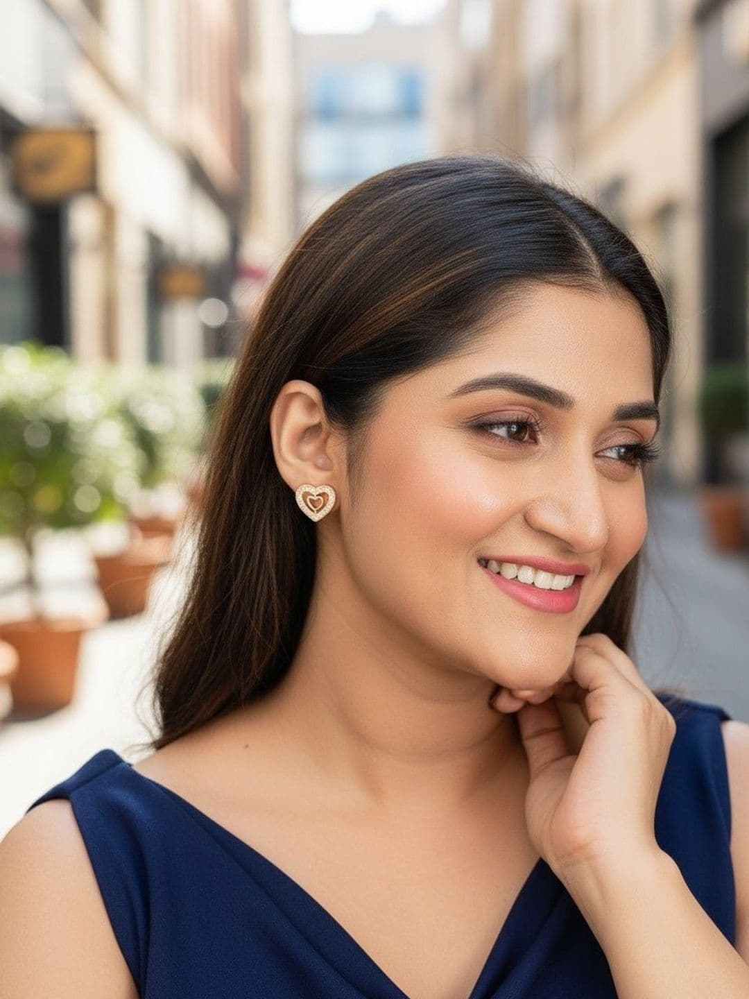 Nilu's Collection Rose Gold-Plated American Diamond Studded Heart Shaped Studs - view 1
