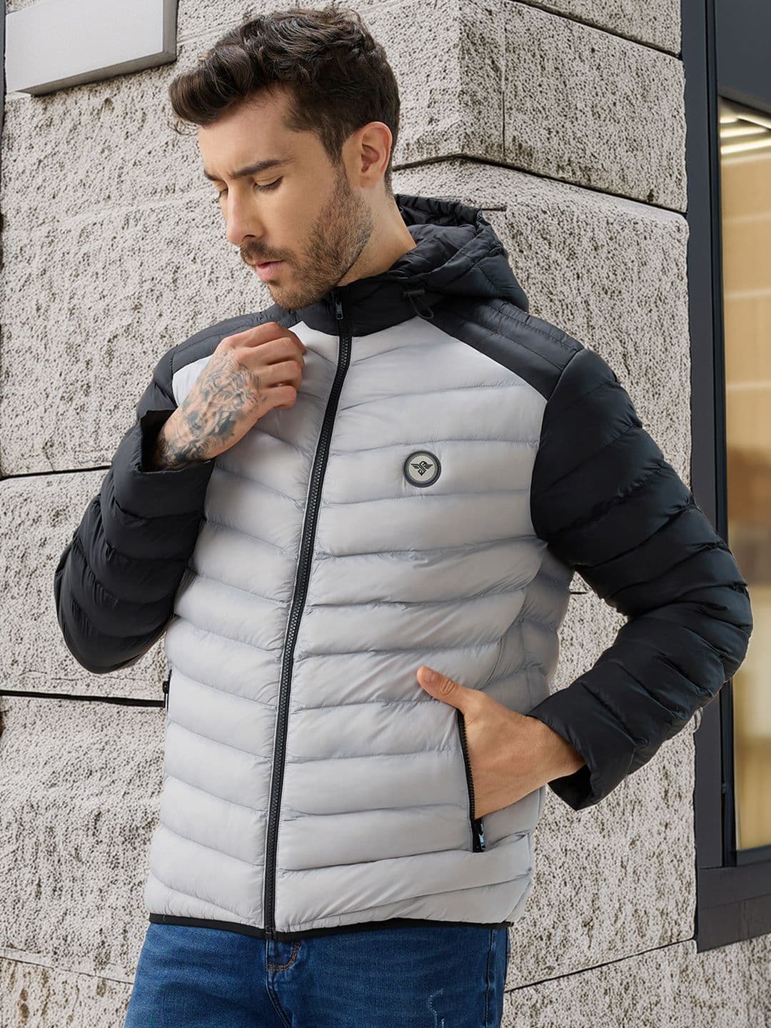 Status Quo Men Hooded Colourblocked Lightweight Puffer Jacket - view 1