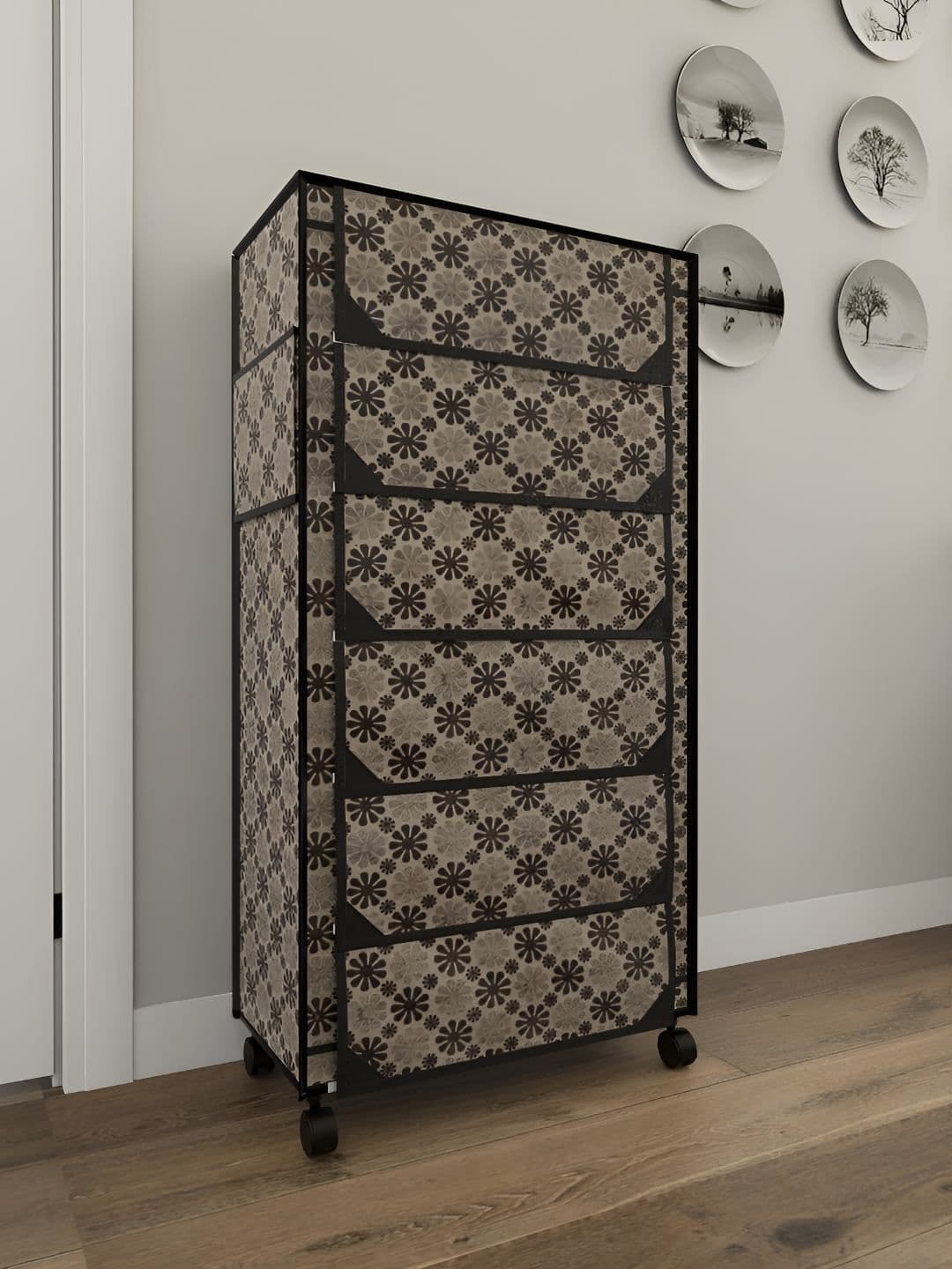 Fabura Beige & Black 6-Layers Shoe Rack With Wheels - view 1