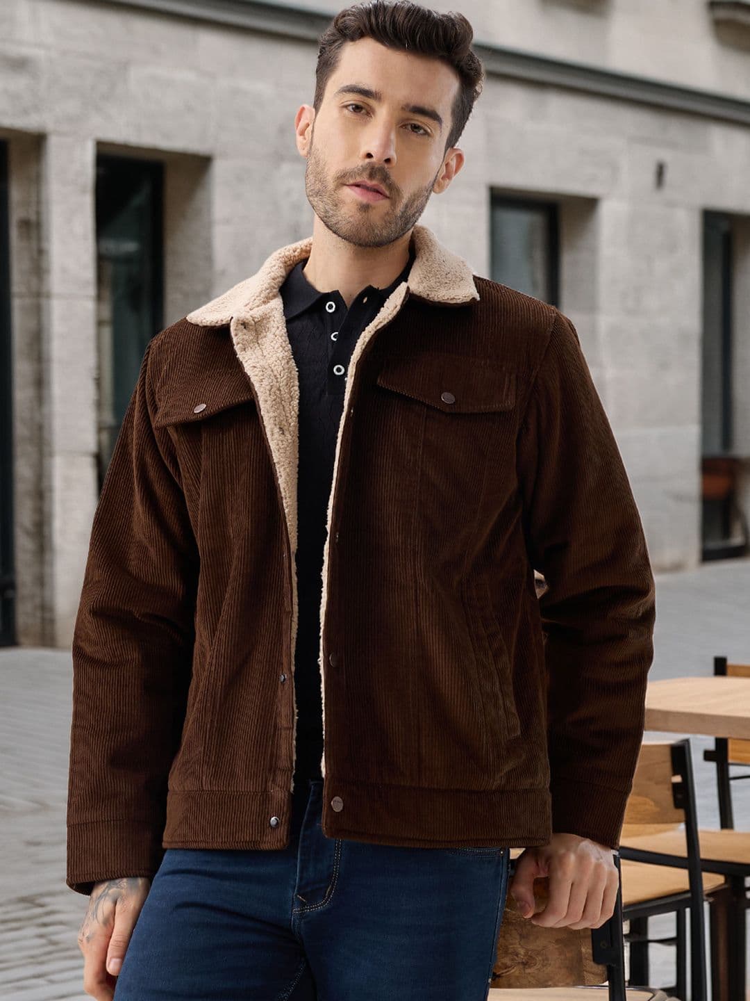 Status Quo Men Spread Collar Solid Lightweight Sherpa Jacket - view 1