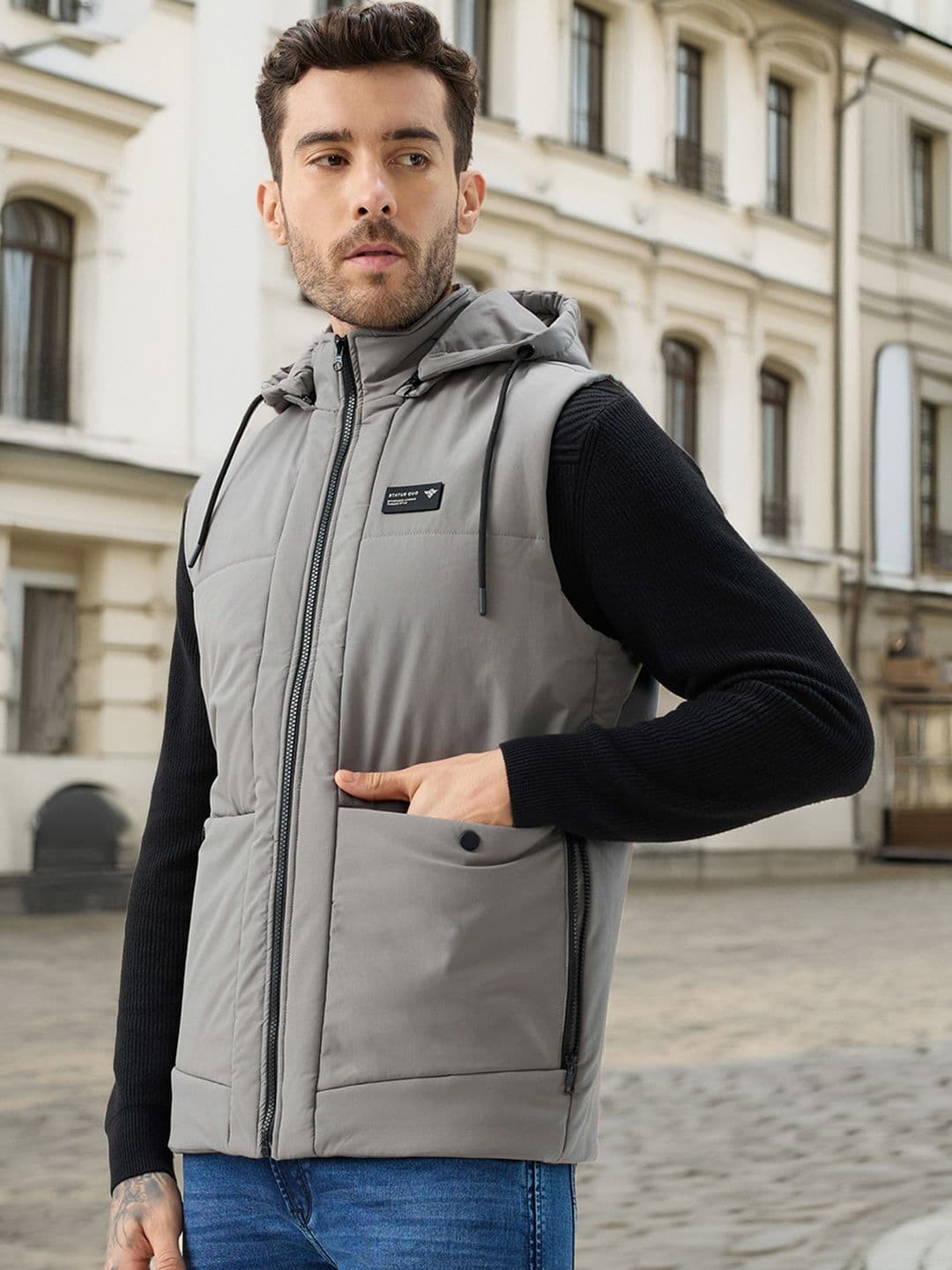 Status Quo Men Hooded Solid Lightweight Gilet Jacket - view 1
