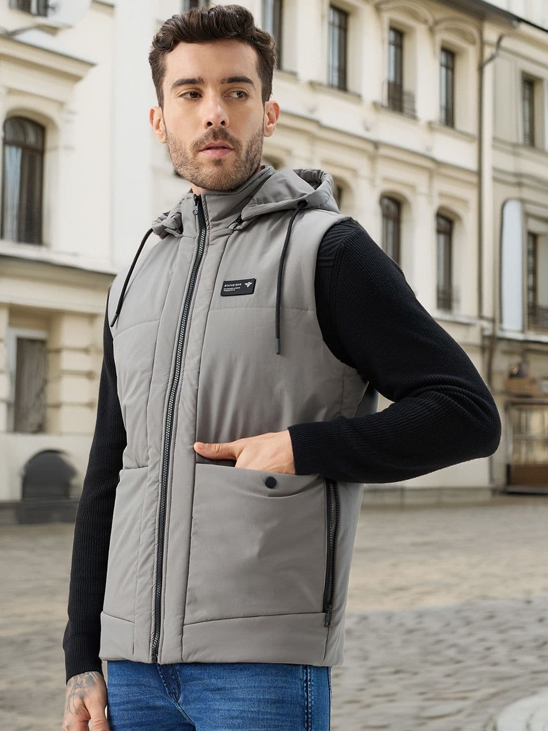 Status Quo Men Hooded Solid Lightweight Gilet Jacket - view 1